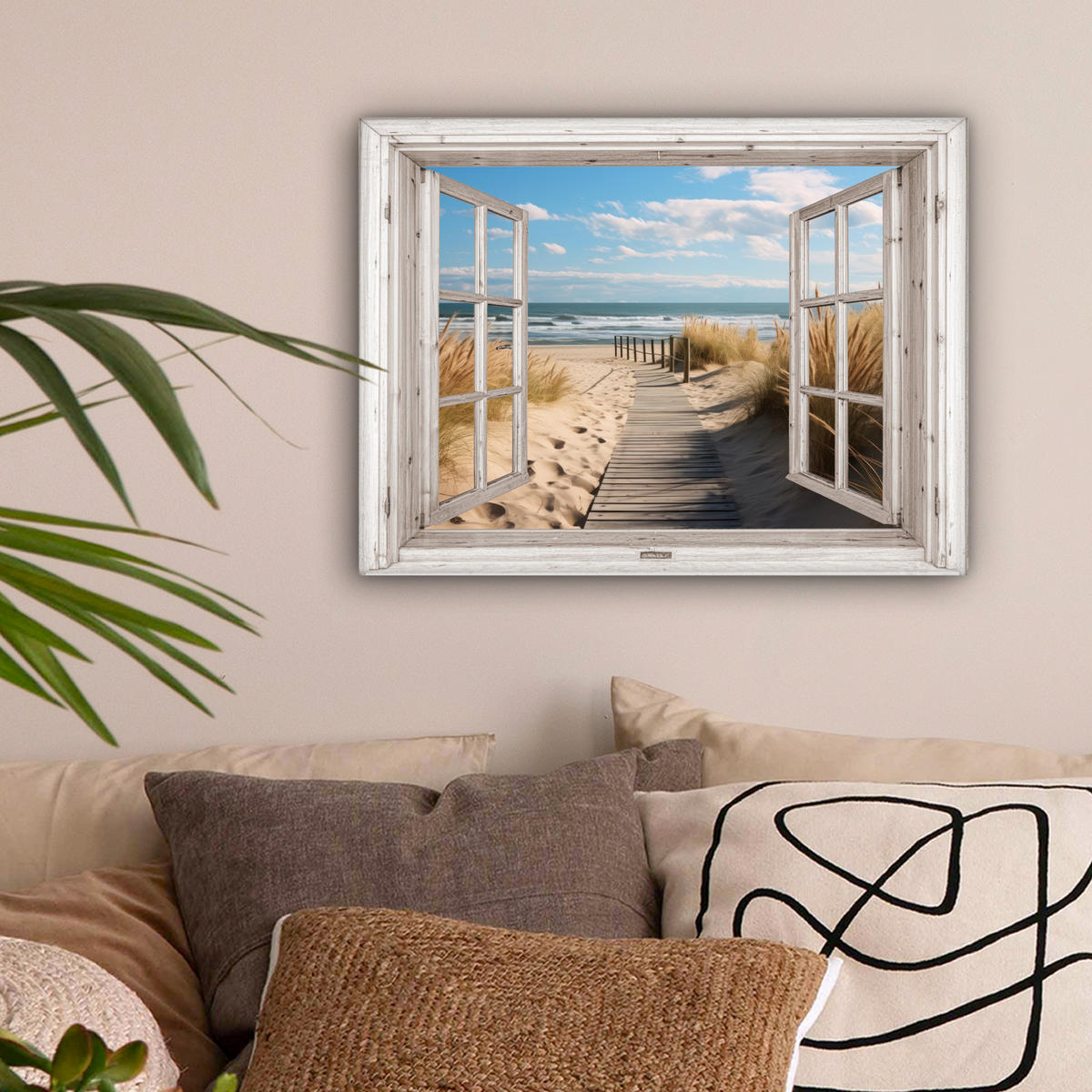LEINWANDBILD Fenster - Meer - Küste - Natur - Ausblick - Strand - Wattenmeer 40x30 cm - Beige, Textil (40/30cm) - MuchoWow