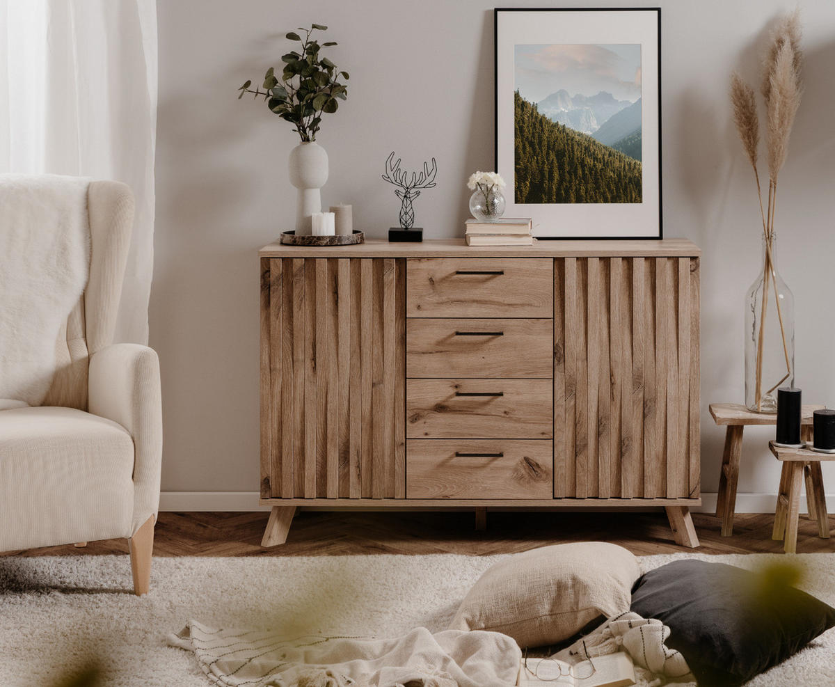 KOMMODE Eiche 127 cm, Sideboard mit viel Stauraum und Push-to-Open - Eichefarben/Messingfarben, Holzwerkstoff/Metall (127/85/40cm) - Furn.Design