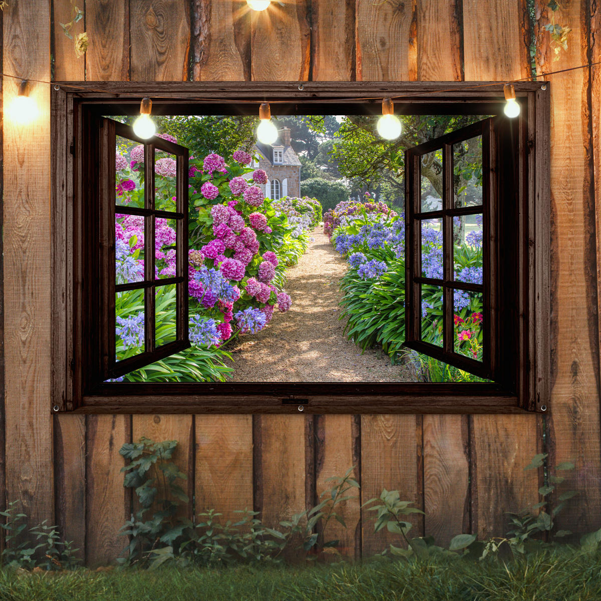 ZAHRADNÍ PLAKÁT Hortenzie - Průhledné - Květiny - Fialové - Příroda - Tmavě hnědé okno 180x120 cm - tmavě hnědá, plast (180/120/0.2cm) - OnlyWow