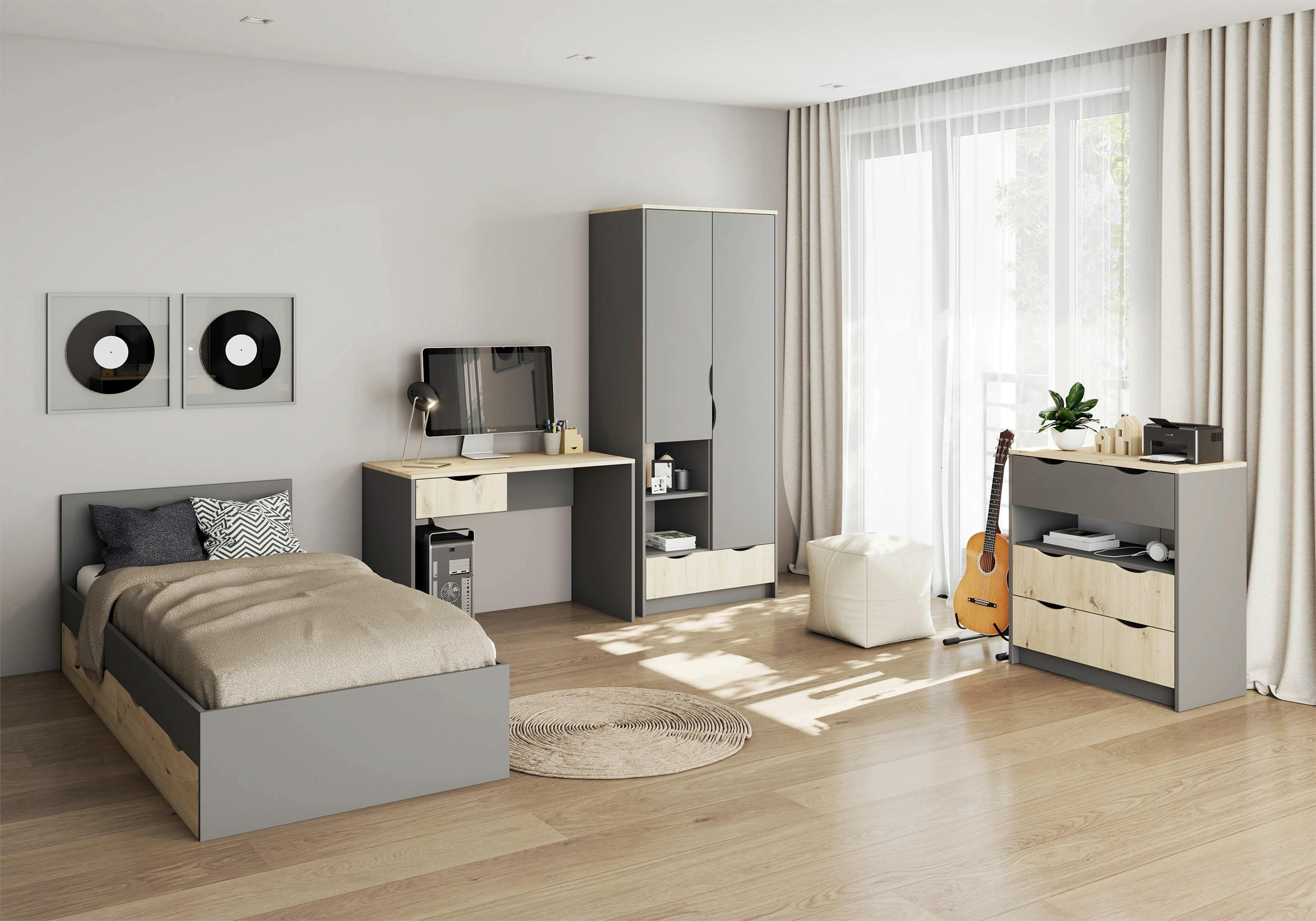 JUGENDZIMMER Zamiro in Grau mit Artisan Eiche 4 teilig - Kinderzimmer Komplettset - Grau, Holzwerkstoff (80/200/120cm)