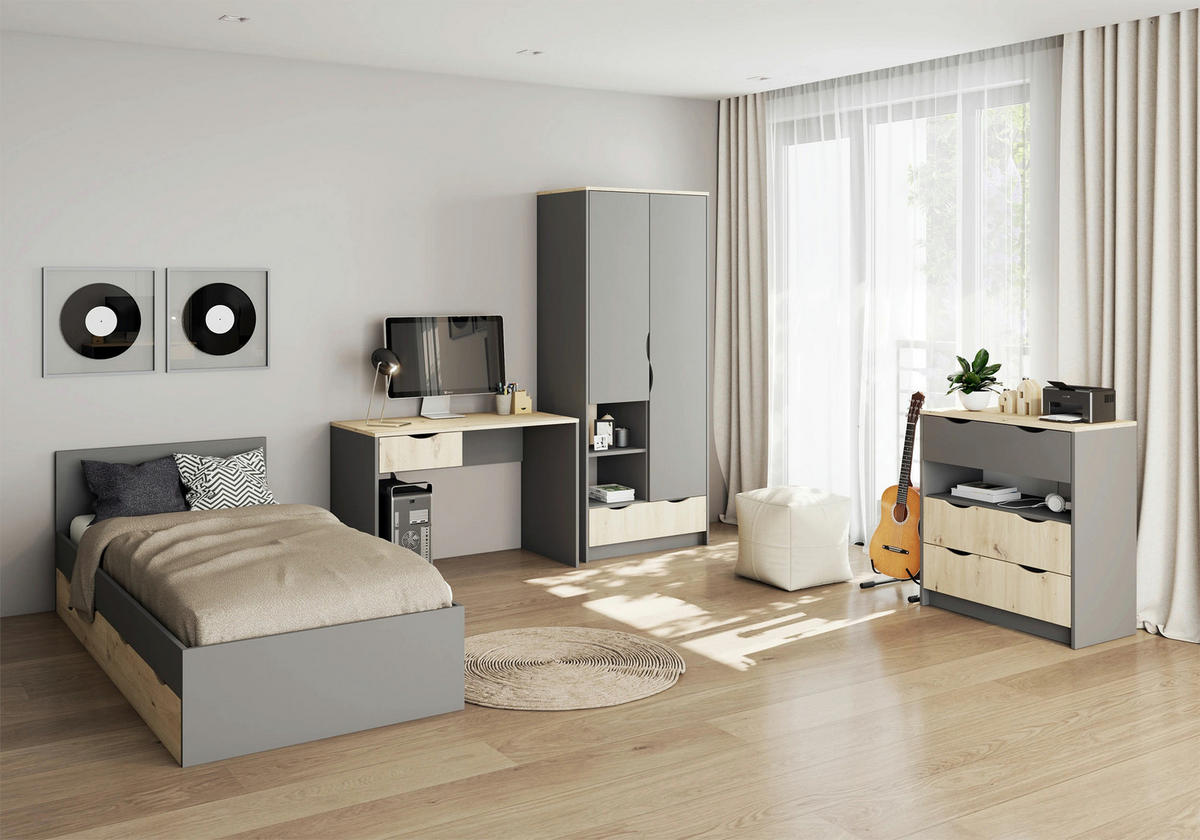 JUGENDZIMMER Zamiro in Grau mit Artisan Eiche 4 teilig - Kinderzimmer Komplettset - Grau, Holzwerkstoff (80/200/120cm)