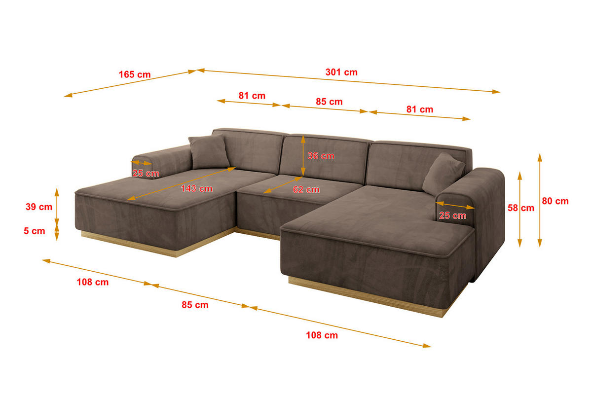 WOHNLANDSCHAFT IREA-U1-v2 - 301x165x80 cm Braun - Braun, Holzwerkstoff/Textil (301/80/165cm) - ALTDECOR