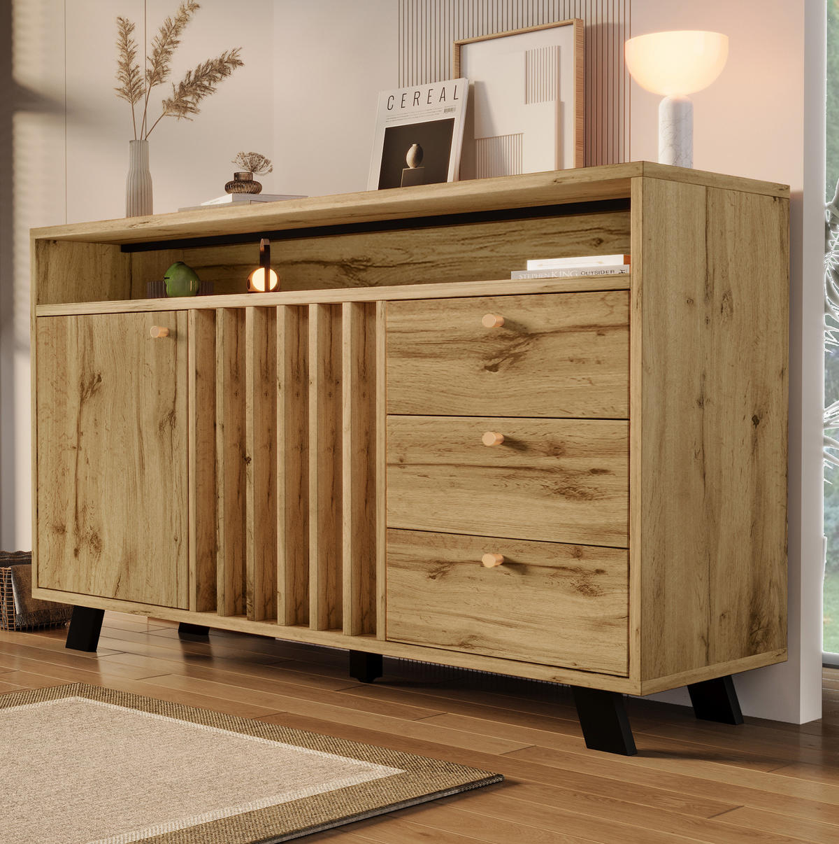 SIDEBOARD aus Holz 120x40x85 cm Dunkle Eiche mit 3 Schubladen, 2 Türen, offenem Fach und Lamellenfront - Braun, Holzwerkstoff (120/85/40cm) - Modfu