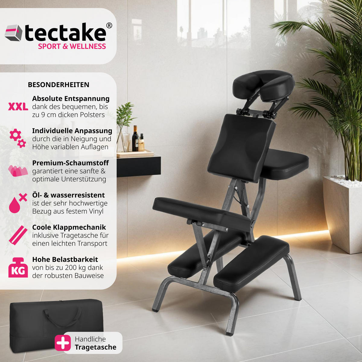 MASSAGESTUHL ,80 x 50 x 105 cm,schwarz - Schwarz, Metall (50/105/80cm) - tectake
