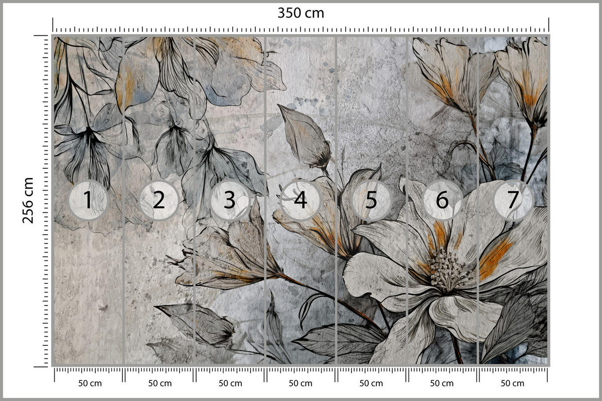 FOTOTAPETE für Büro Blumen Blätter Betongrund Vintage Pflanzen 350x256 - Grau, Papier (350/256cm) - Muralo