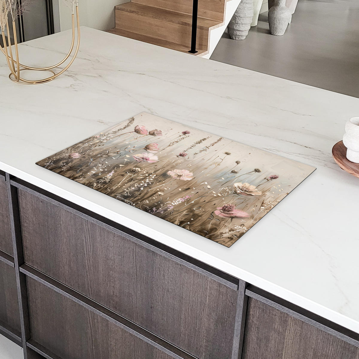 HERDABDECKPLATTE Blumen - Beige - Trockenblumen Induktionsmatte 81x52 cm - Beige, Kunststoff (81/52/0.2cm) - MuchoWow