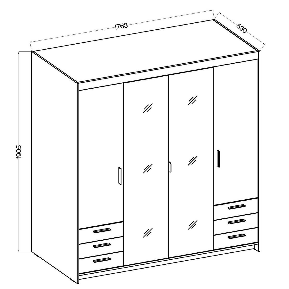 DREHTÜRENSCHRANK ELENORA 176,3/190,5/53cm 4-türig mit Spiegel Sonoma Eiche - Sonoma Eiche, Holzwerkstoff (176.3/190.5/53cm) - MASSENO