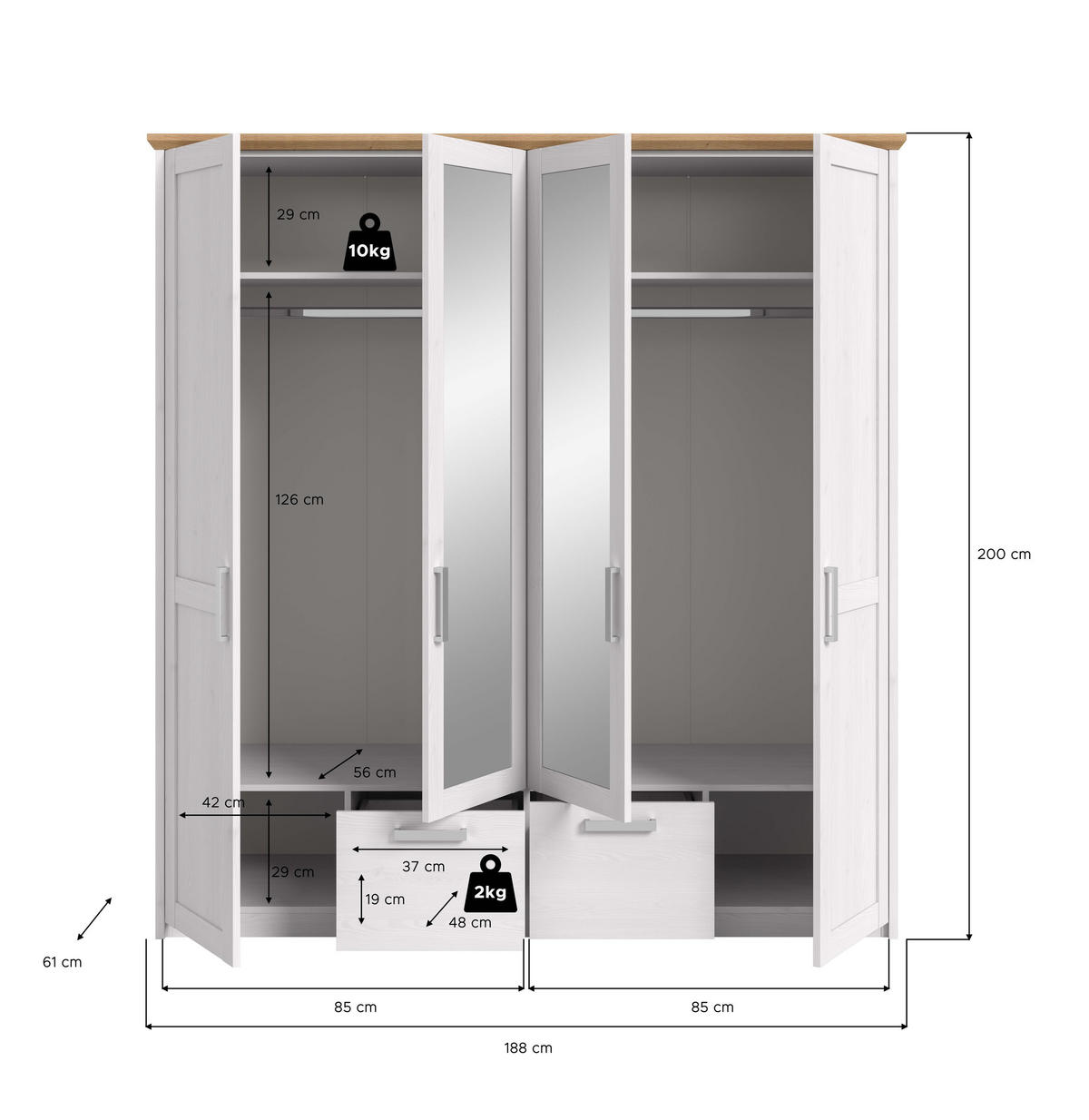 KLEIDERSCHRANK 4-türig Siena (B/H/T: ca. 188/200/61 cm) in Sibiu Lärche Nachbildung/Sibiu Lärche Nachbildung - Lärchefarben, Holzwerkstoff (188/200/61cm)