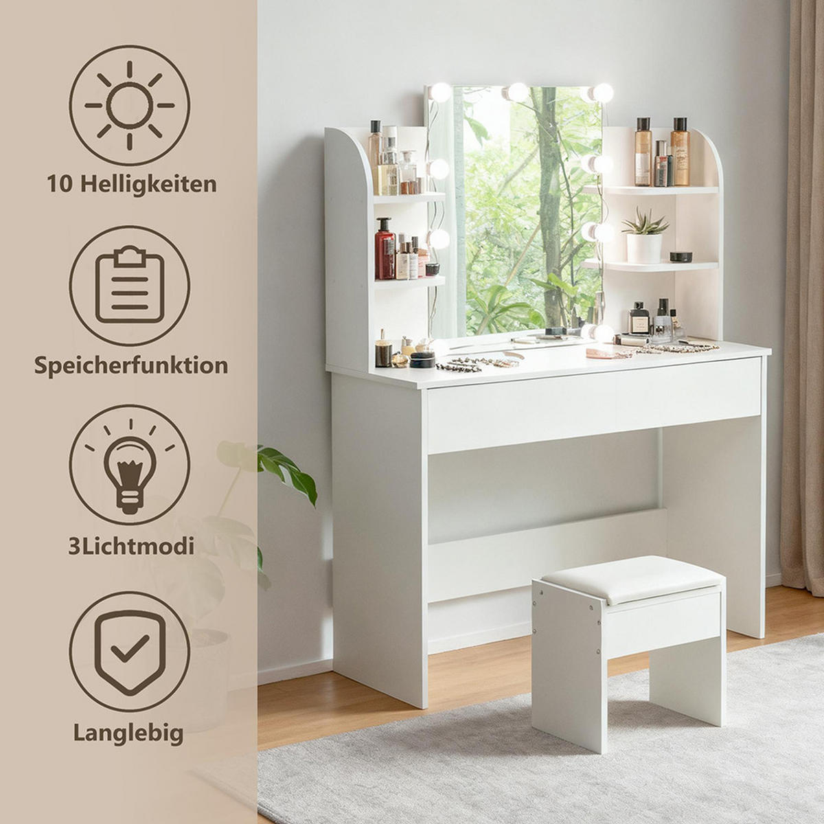 SCHMINKTISCH L105 x B40 x H130cm,Weiß - Weiß, Holz (40/130/105cm) - KOMHTOM