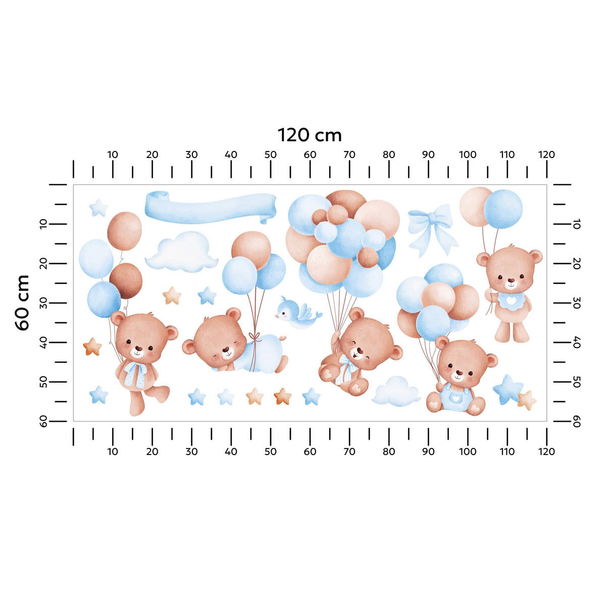 WANDSTICKER Teddybären Ballons Sterne Wolken 120x60 - Beige/Braun, Papier (120/60/1cm) - Muralo