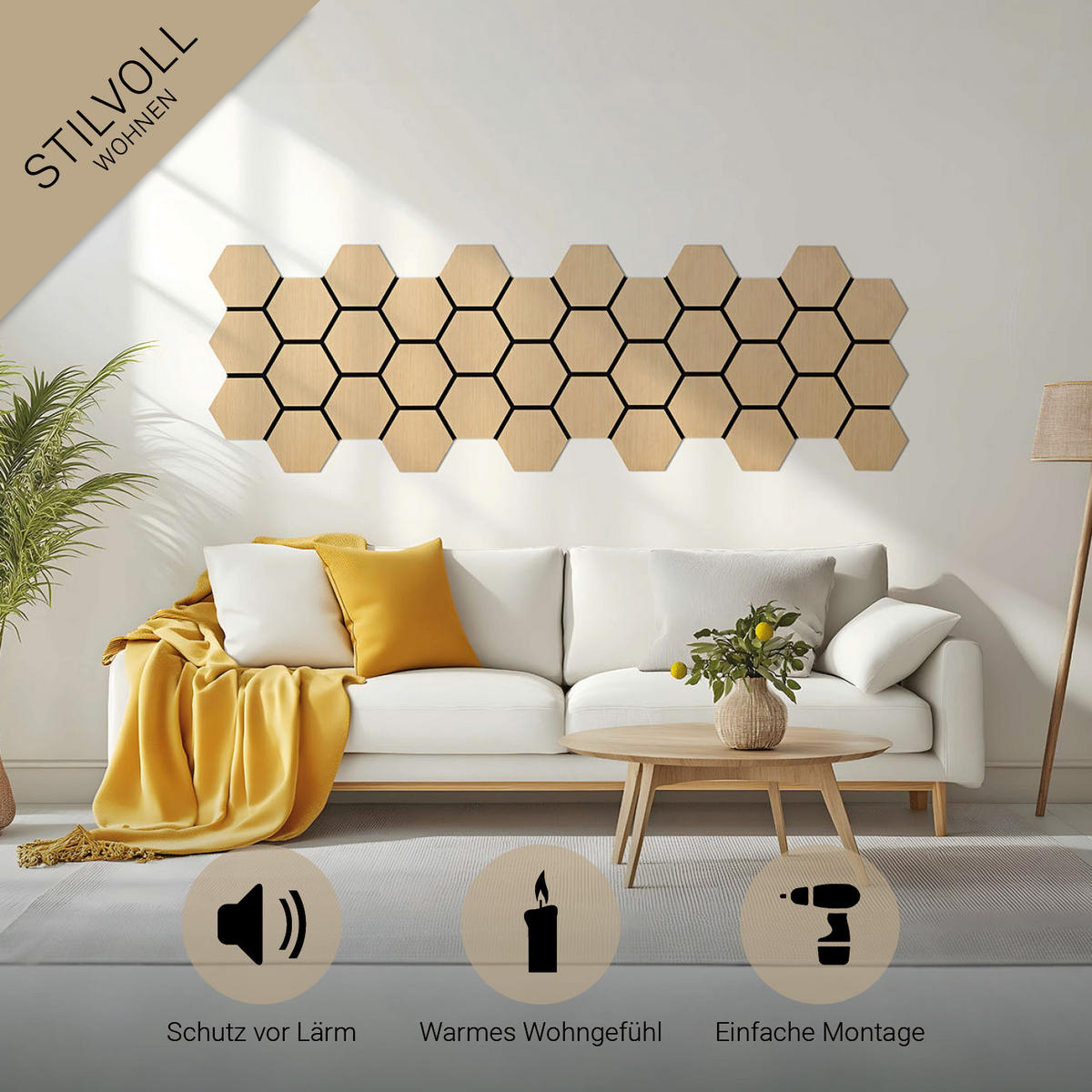 AKUSTIKPANEEL Hexagon Naturfarben 8 Stück - Naturfarben, Holz (62/76/2cm) - Homestyle4u