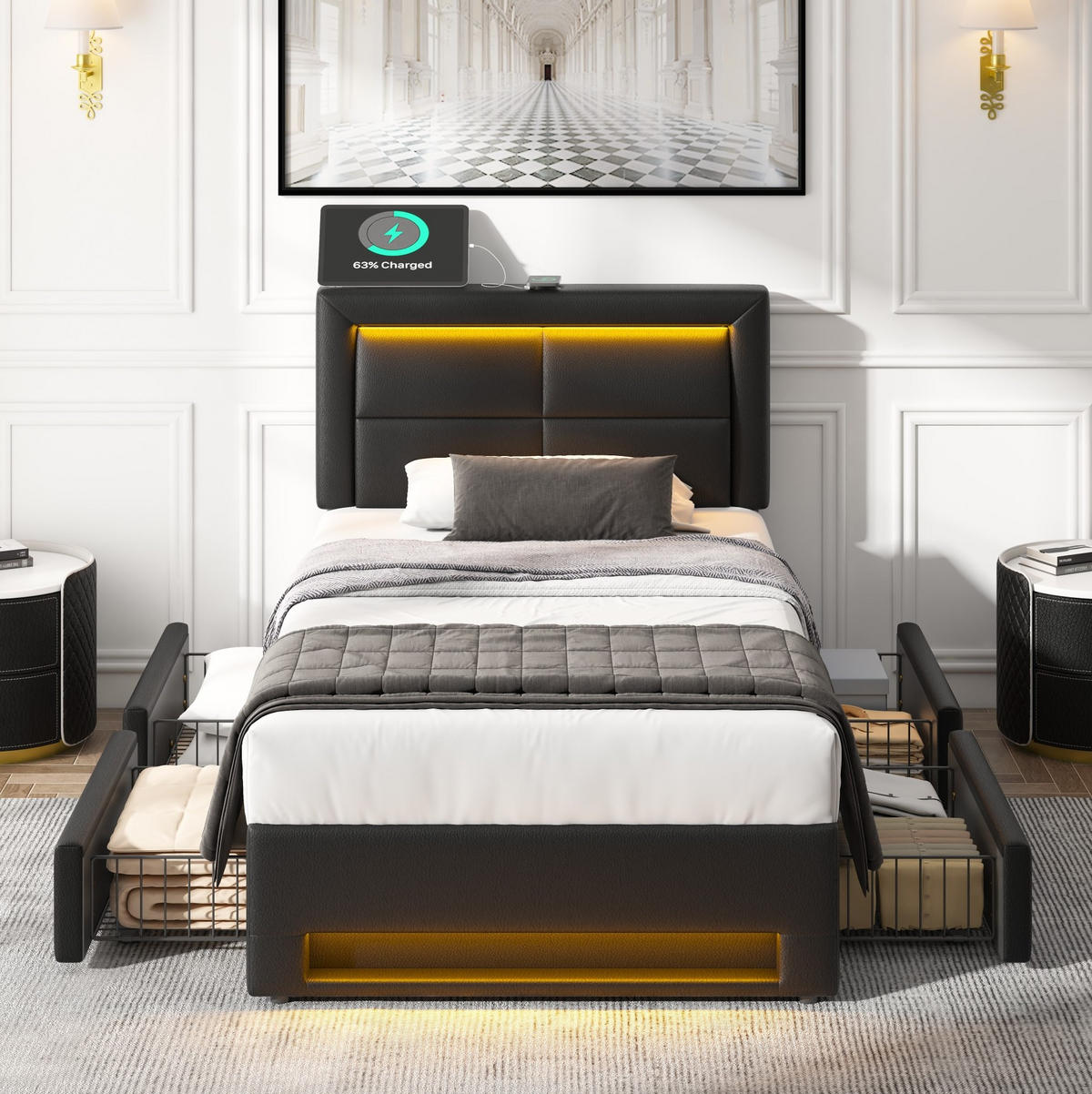 POLSTERBETT mit USB, LED und 4 Schubladen 90x200 cm PU Schwarz - Schwarz, Metall (90/200cm) - Meubliv