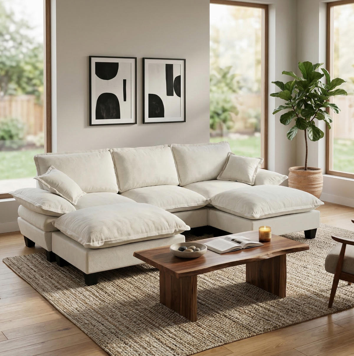 WOHNLANDSCHAFT aus Chenille 264x155x90 cm in Beige mit Ottomanen-Modul - Beige, Textil (155/90/264cm) - Modfu