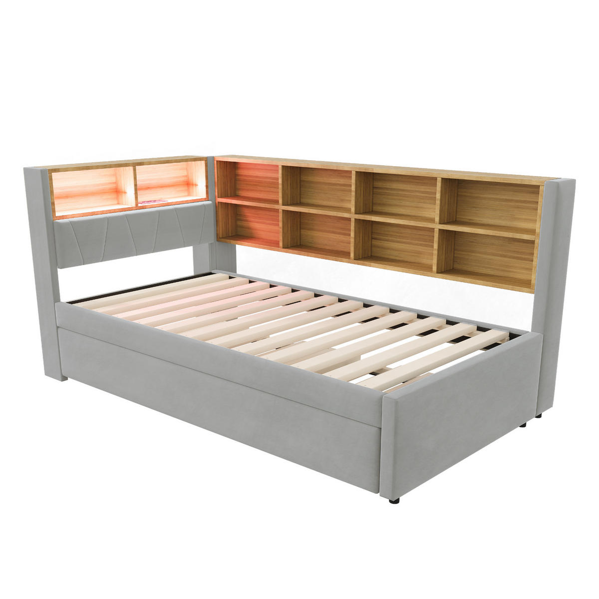 BETT mit Ausziehbett 90/200 und 90/190 cm mit LED-Beleuchtung und Ladeanschlüssen Flanell Hellgrau - Hellgrau, Textil (90/200cm) - OKWISH