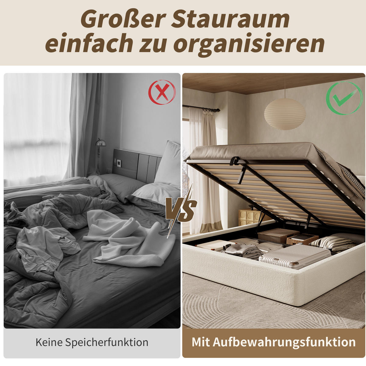 POLSTERBETT 180/200 cm Beige aus Bouclé mit Stauraum - Beige, Textil (180/200cm) - OKMYHOME