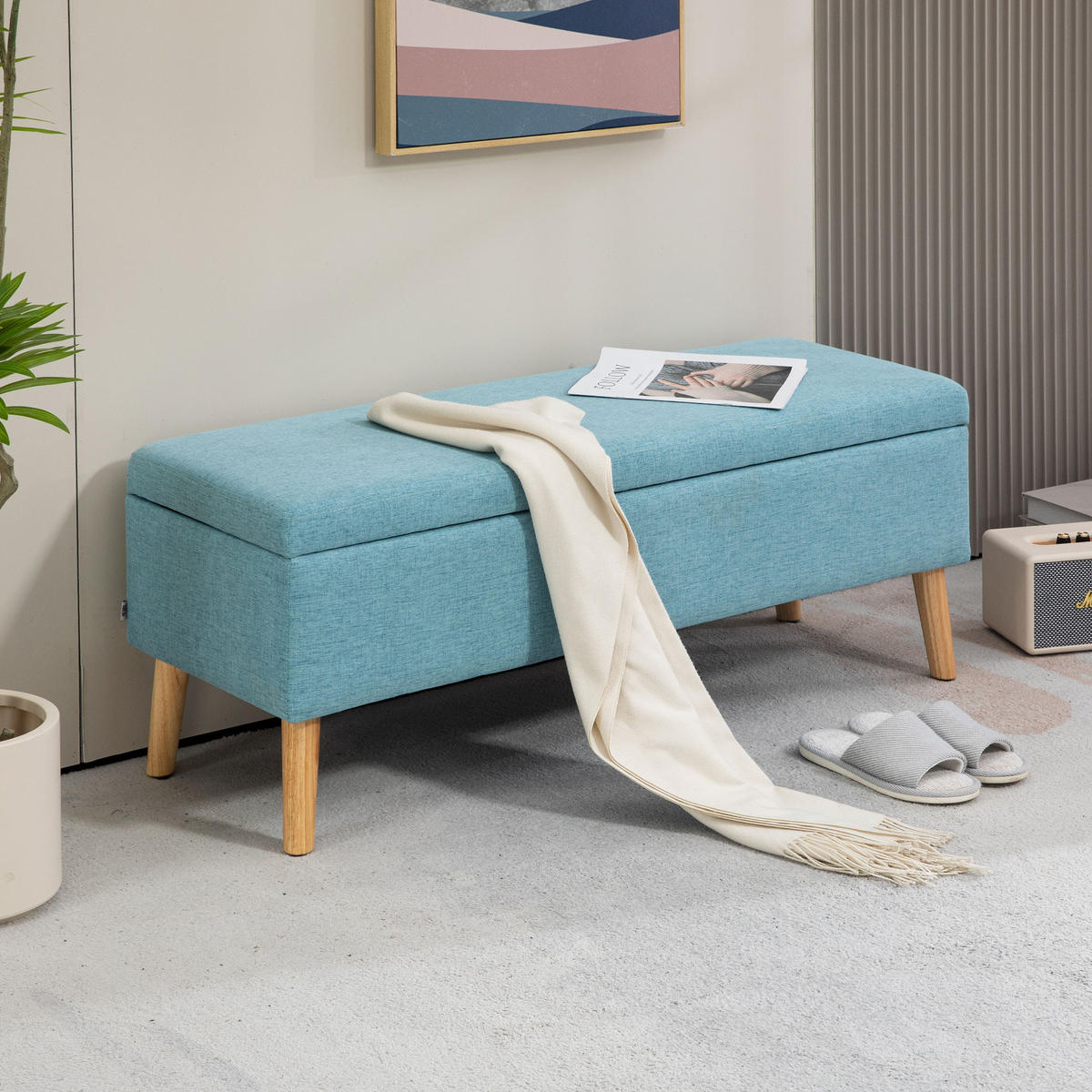 SITZBANK Polsterbank mit Stauraum scandinavia Truhenbank Polyester Holz Blau - Blau, Kunststoff (39/45/110cm) - HOMCOM