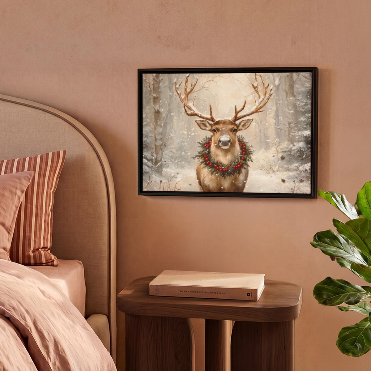 LEINWAND Bilder mit Rahmen - Weihnachten - Rentier - Winter - Kranz - 40x30 - Naturfarben, Textil (40/30cm) - MuchoWow