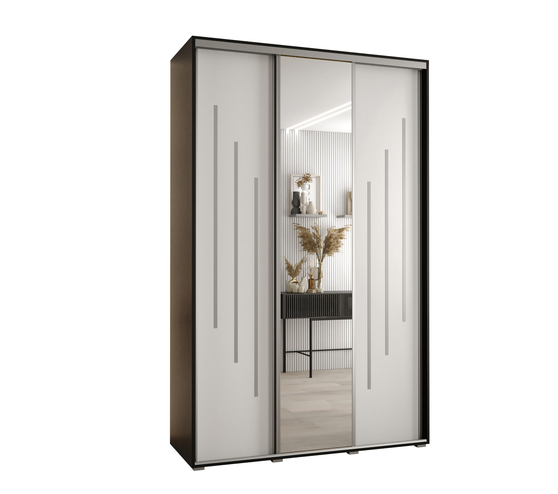 Abiks Möbel Schwebetürenschrank Schwarz, Weiß, Silber 160x235x45 cm
