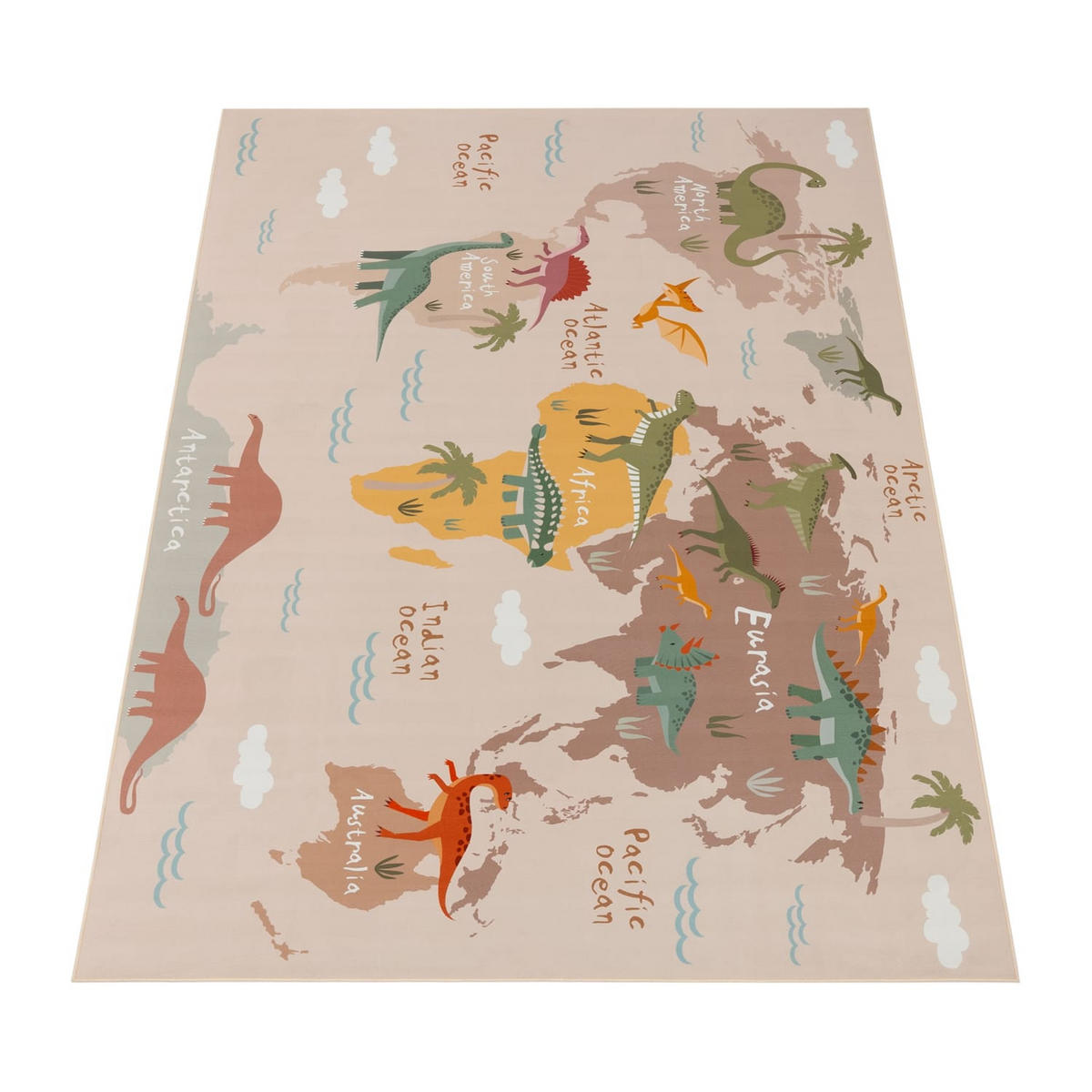 KINDERTEPPICH waschmaschinenwaschbar Dinosaurier‑Weltkarten‑Muster Kinderzimmer schmutzabweisend Beige Rechteckig 160x220 - Beige, Textil (160/220cm) - KADIMA DESIGN