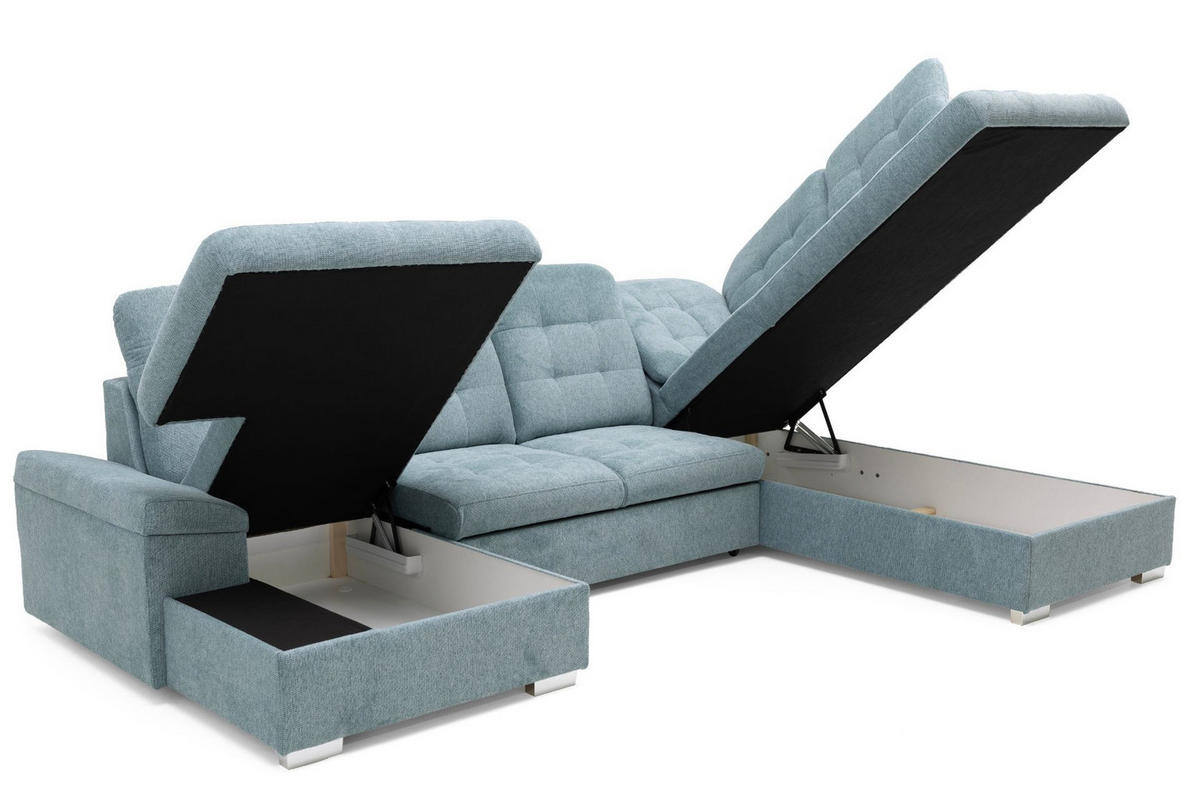 ECKSOFA U-Form OLIVIA U Rechts mit Schlaffunktion 124x257 Velours Blaugrau - Silberfarben/Blaugrau, Holz/Kunststoff (202/103/320cm) - Muffo