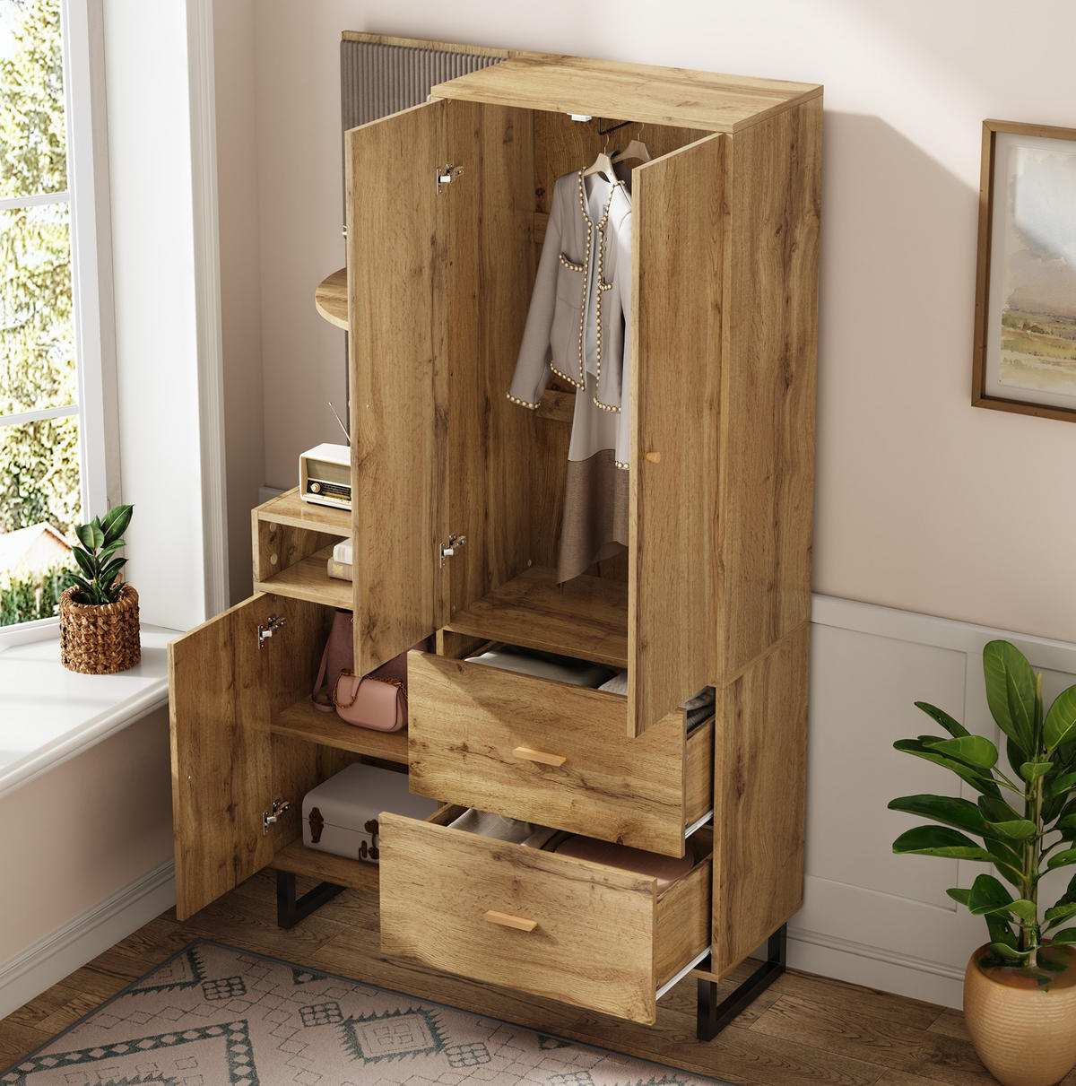 KOMPAKTGARDEROBE 110/38/186 cm aus MDF mit gepolsterten Paneelen Schwarz/Naturfarben - Naturfarben, Holzwerkstoff (110/186/38cm) - Modenvie