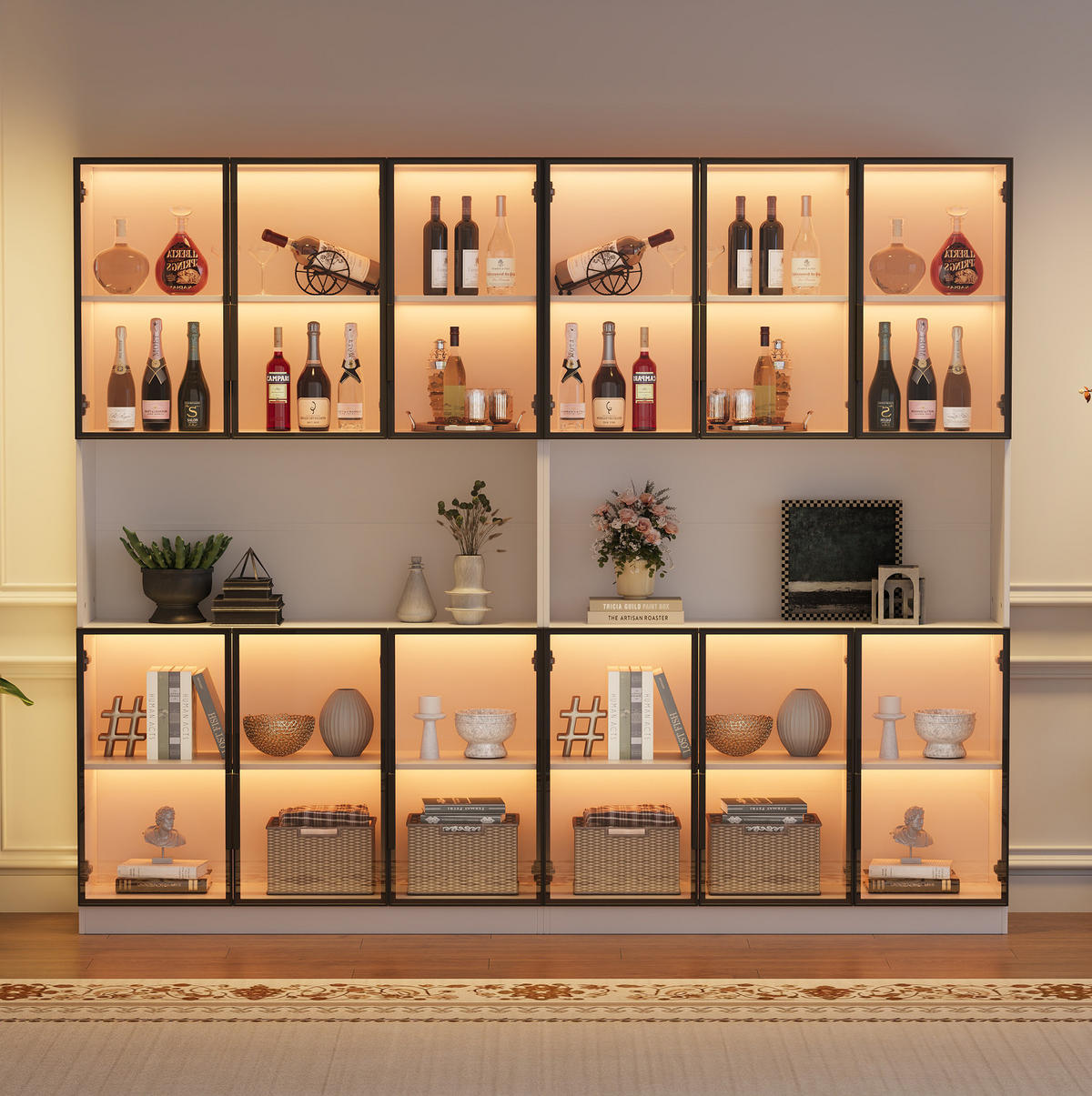 VITRINE aus MDF und Glas 240/34/200 cm mit LED-Beleuchtung, App-Steuerung und 12 Türen, Weiß - Weiß, Holzwerkstoff (240/200/34cm) - Redom