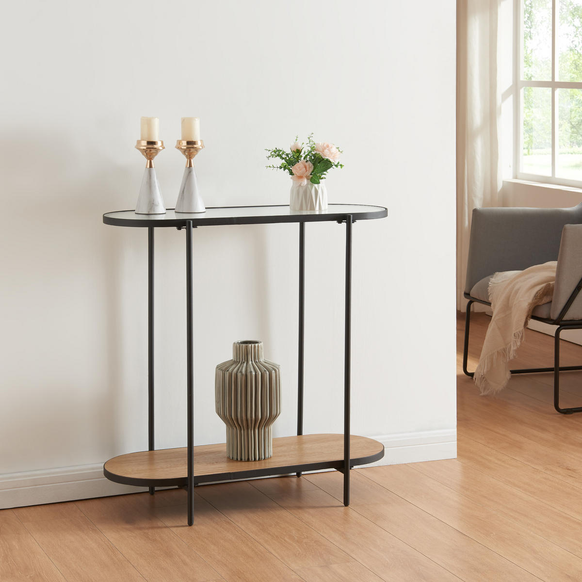 KONSOLENTISCH Høyanger - Transparent/Schwarz, Glas/Metall (30/80/80cm) - [en.casa]
