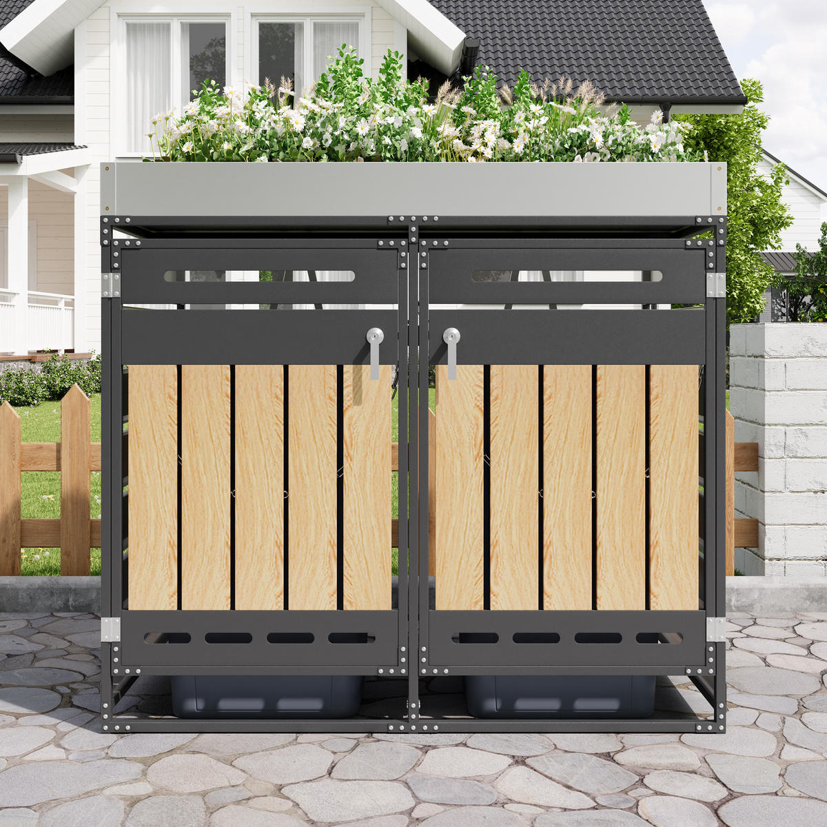 MÜLLTONNENBOX Pflanzkasten Holzoptik Belüftung Schloss - Schwarz, Metall (131/120/79cm) - LEBENLANG