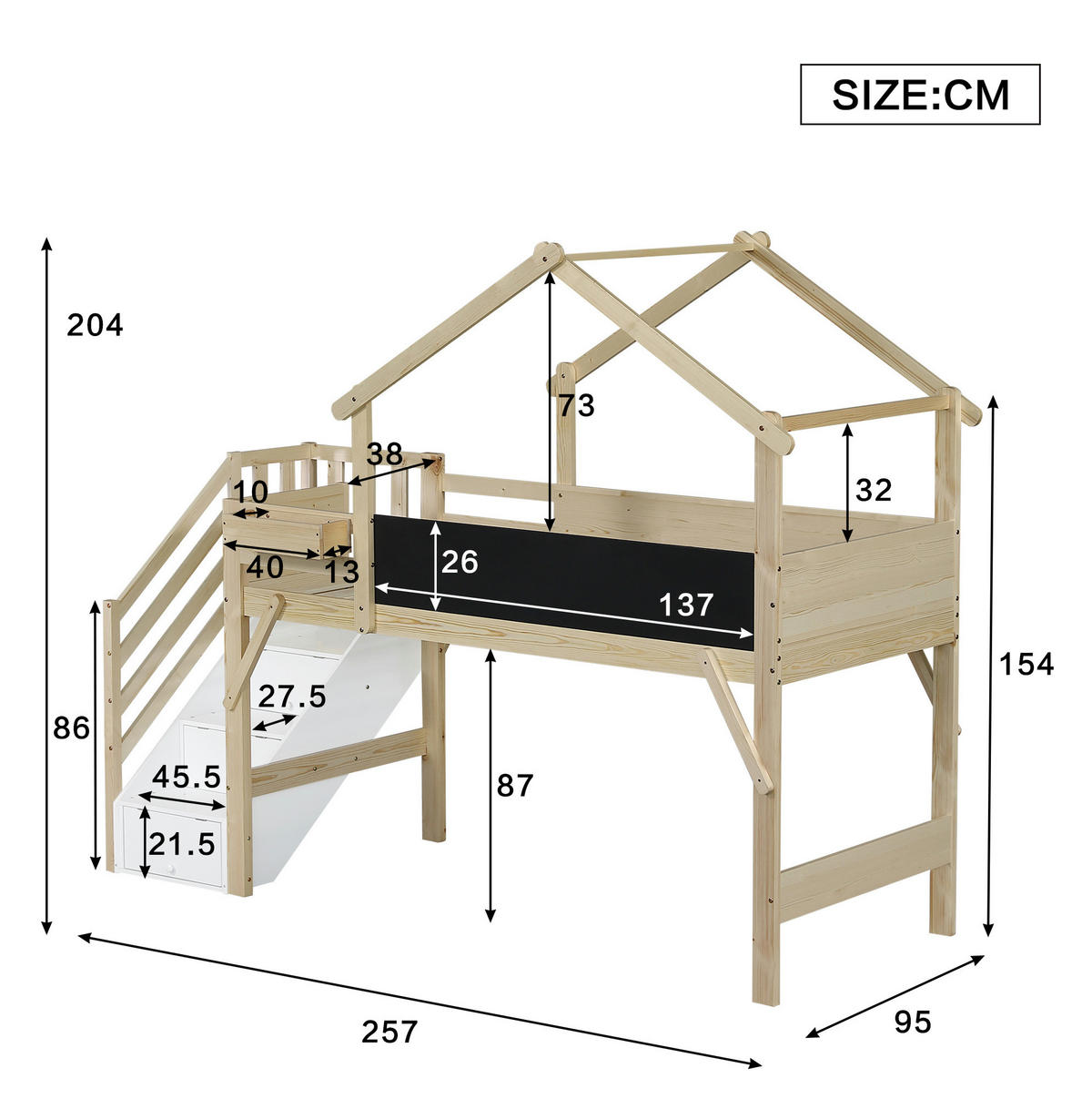 ETAGENBETT aus Holz 90x200 cm Weiß/Natur mit Stauraumtreppe und Kreidetafel - Weiß, Holzwerkstoff (90/200cm) - IVMEU