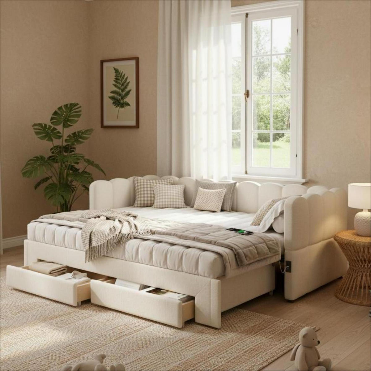 POLSTERBETT 90/200 cm beige aus Leinen mit Ausziehfunktion und USB-Anschluss - Weiß, Textil (90/200cm) - OKWISH