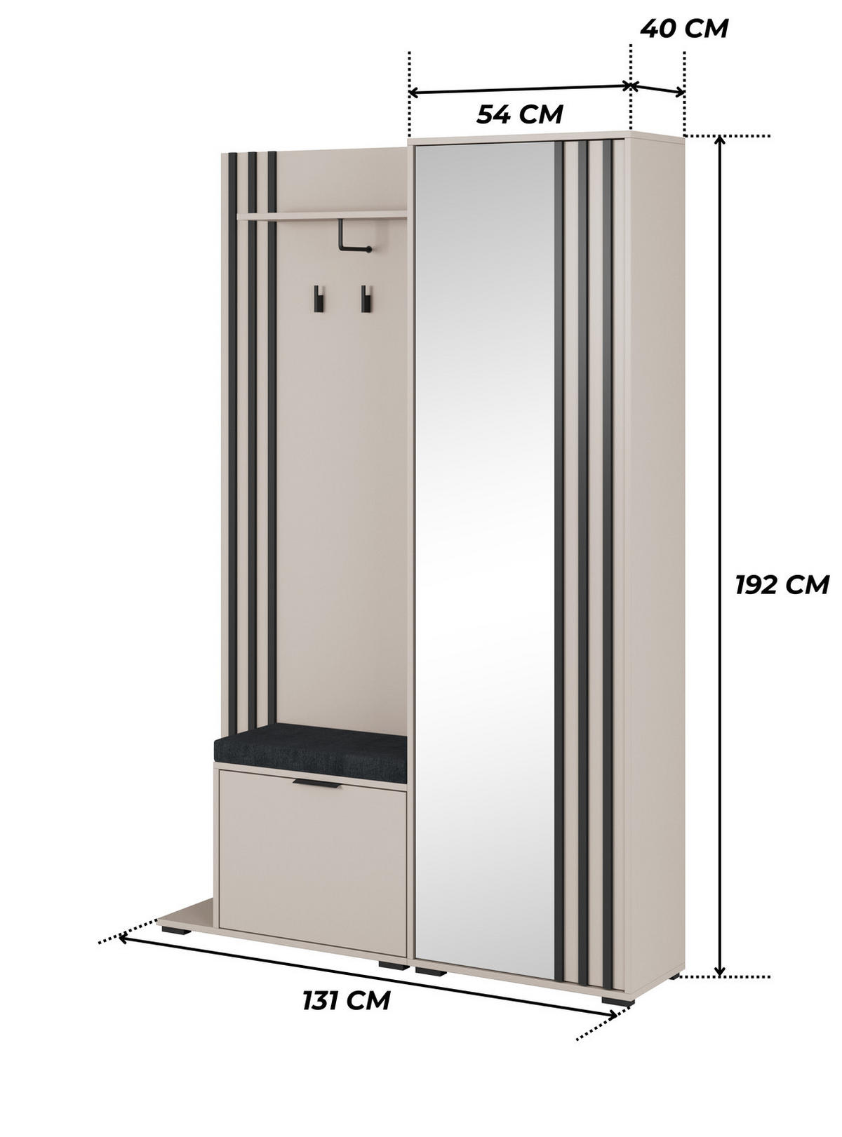 GARDEROBE STILO 131 cm (Kaschmir, Schwarze Lamellen, Spiegel, Sitzkissen, Metallgriffe) - Kaschmir/Schwarz, Holz/Holzwerkstoff (131/192/40cm) - Ravio
