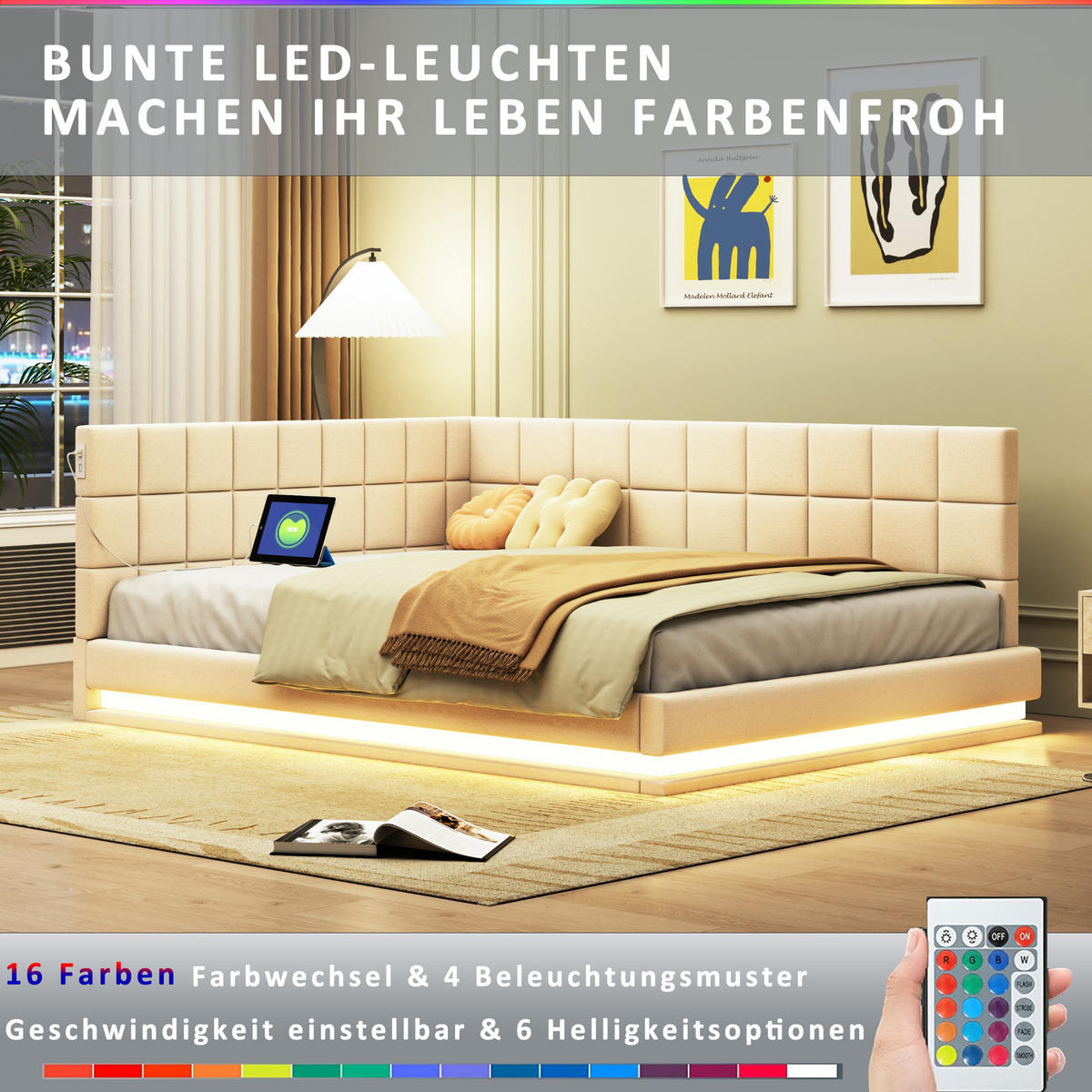 POLSTERBETT 140/200 cm Beige aus Leinen mit LED-Lichtleiste und USB-Steckdose - Beige, Leder (140/200cm) - OKMYHOME
