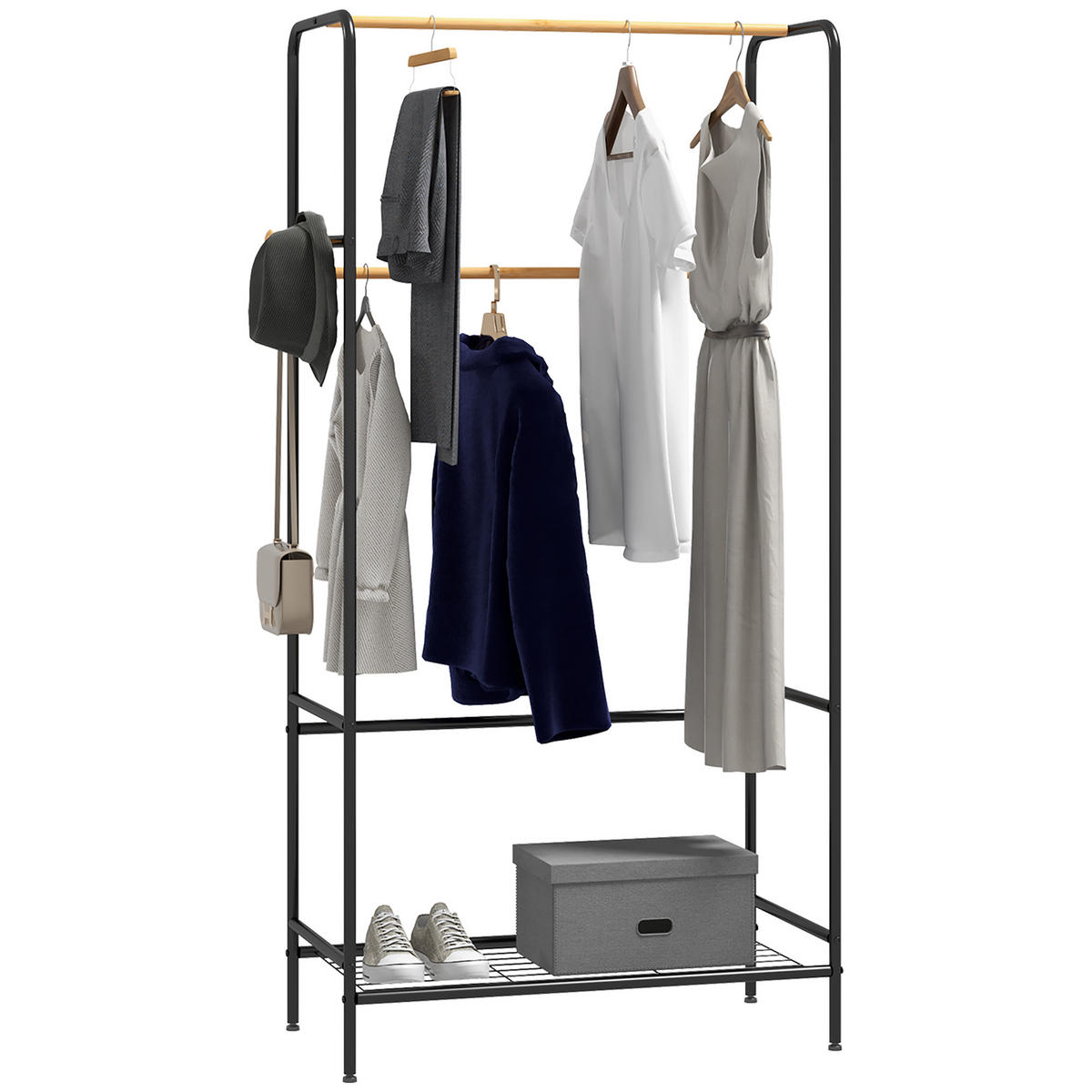 KLEIDERSTÄNDER, Garderobenständer mit 2 Kleiderstangen und Ablage, Bambus, Schwarz - Schwarz, Metall (40.5/162.5/80.5cm) - HOMCOM