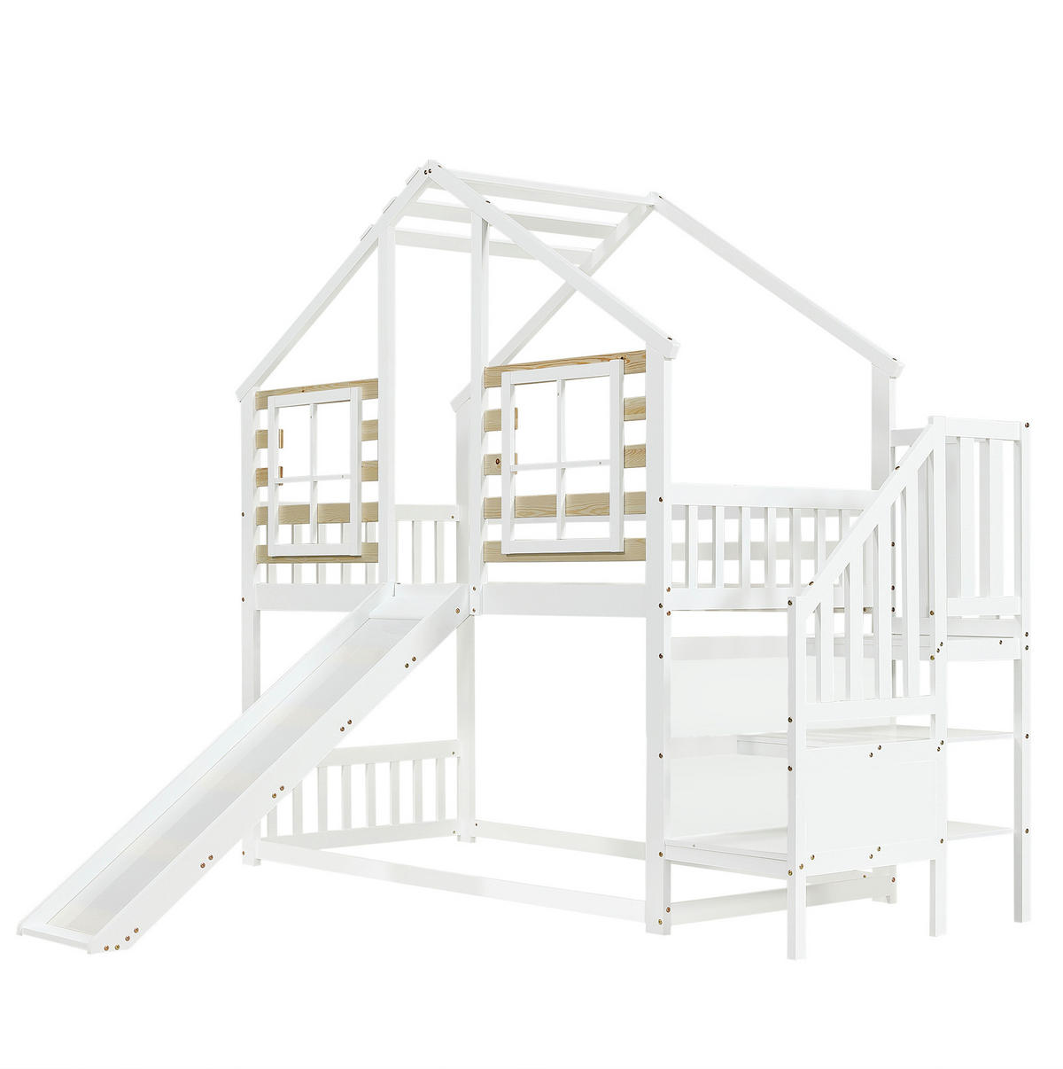 ETAGENBETT mit Rutsche und Treppe 90x200 cm Weiß und Natur - Weiß, Holzwerkstoff (90/200cm) - Beauniv