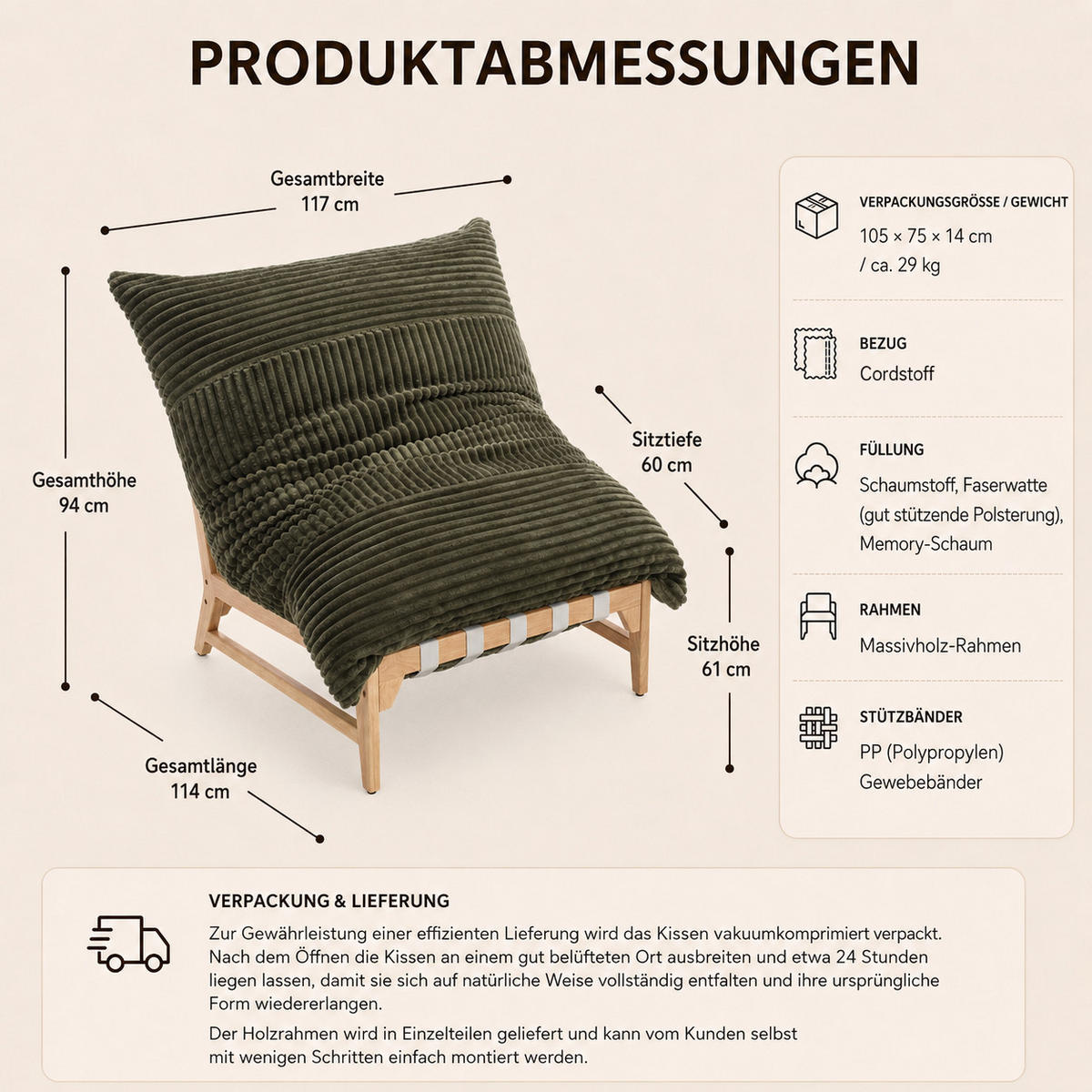 XXL-SESSEL Cord mit Holzrahmen, Breites Kissen, Grün - Grün, Holz/Textil (117/94/114cm) - LVHOM