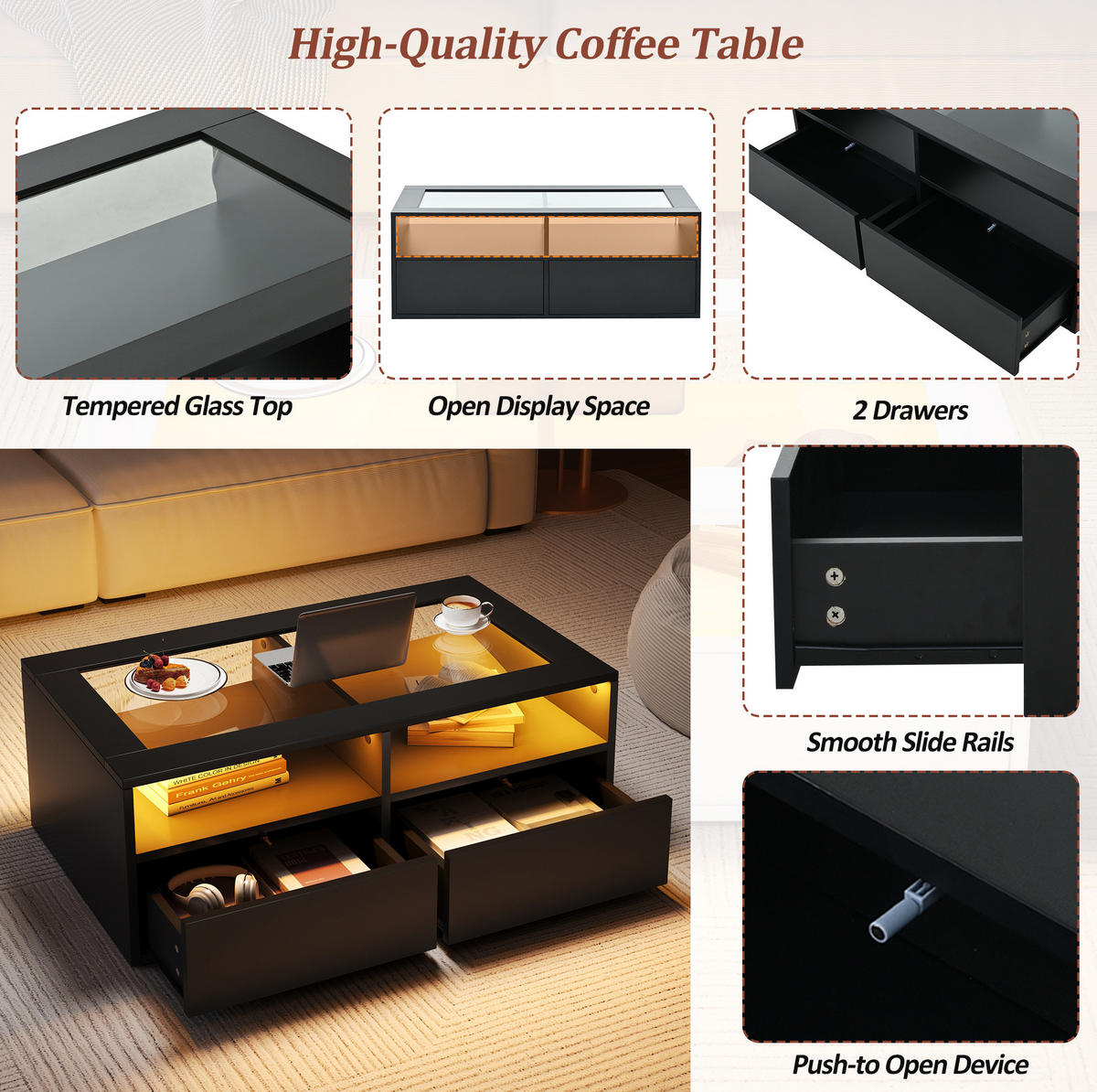 COUCHTISCH 100/50/35 cm Schwarz aus Glas und Spanplatte mit LED-Beleuchtung - Schwarz, Glas (100/50/35cm) - OKMYHOME