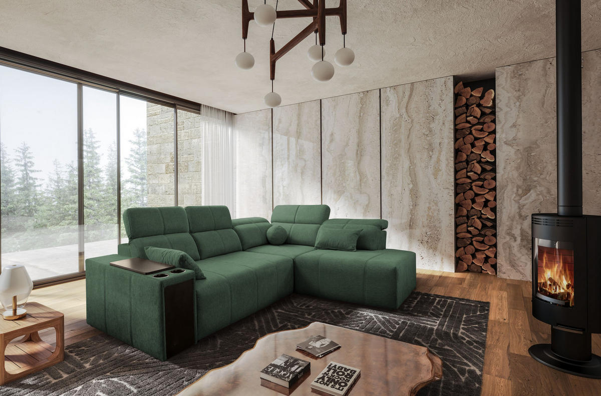 ECKSOFA Mindy VII mit Schlaffunktion und verstellbarer Rückenlehne, Stoff Verita Grün Rechts - Grün, Holz/Textil (288/230cm) - Kaiser Möbel