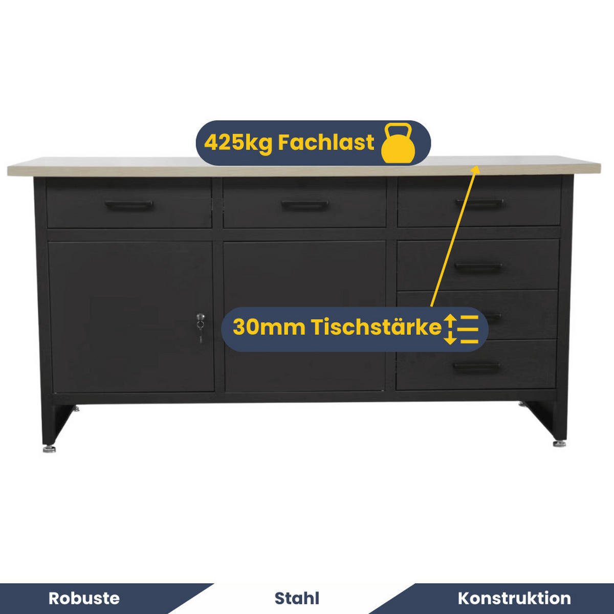 WERKBANK Werkstatt KARL 2x Tür 85x170x60cm Schwarz - Schwarz, Metall (170/85/60cm) - DELUKE