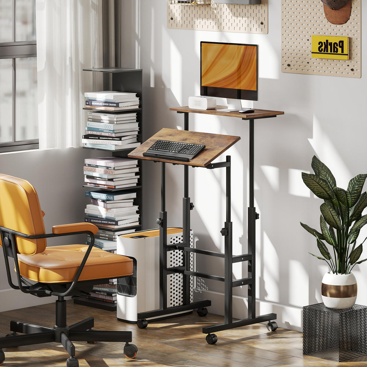 SCHREIBTISCH Höhenverstellbar Küchentisch mit Regal Rollen Rustikal Braun - Schwarz/Braun, Holzwerkstoff/Metall (60/60/120cm) - HOMCOM