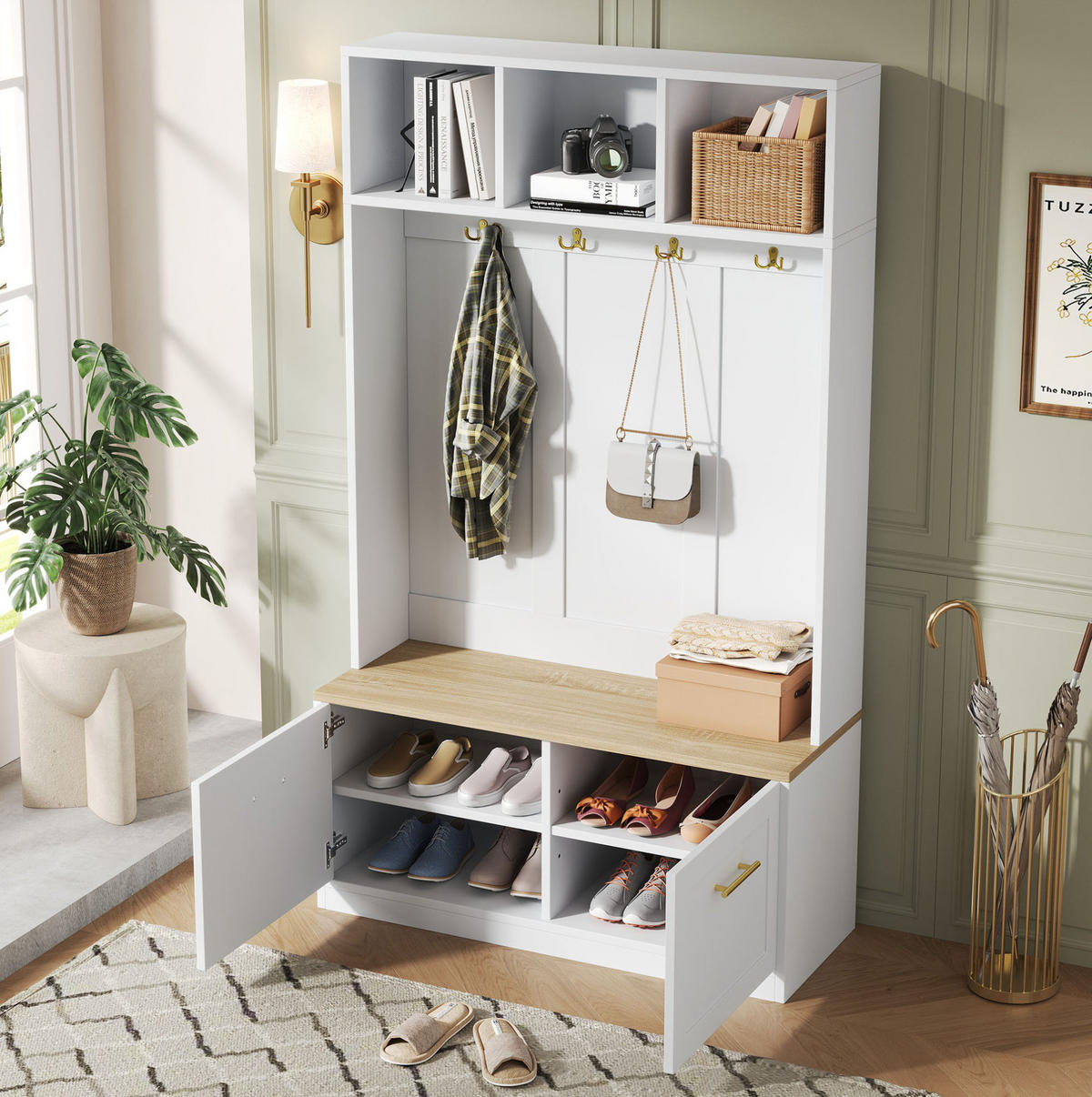 GARDEROBENSET 105/40/180 cm aus MDF und Spanplatte mit Sitzbank und Stauraum, Natur/Weiß - Naturfarben, Holzwerkstoff (105/180/40cm) - Redom