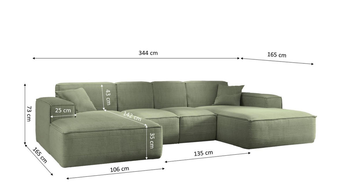 ECKSOFA, Eckcouch U form, Wohnzimmer Couch Large 342cm SIENA stoff Poso Hellgrün - Hellgrün, Holz/Textil (344/165cm) - Kaiser Möbel