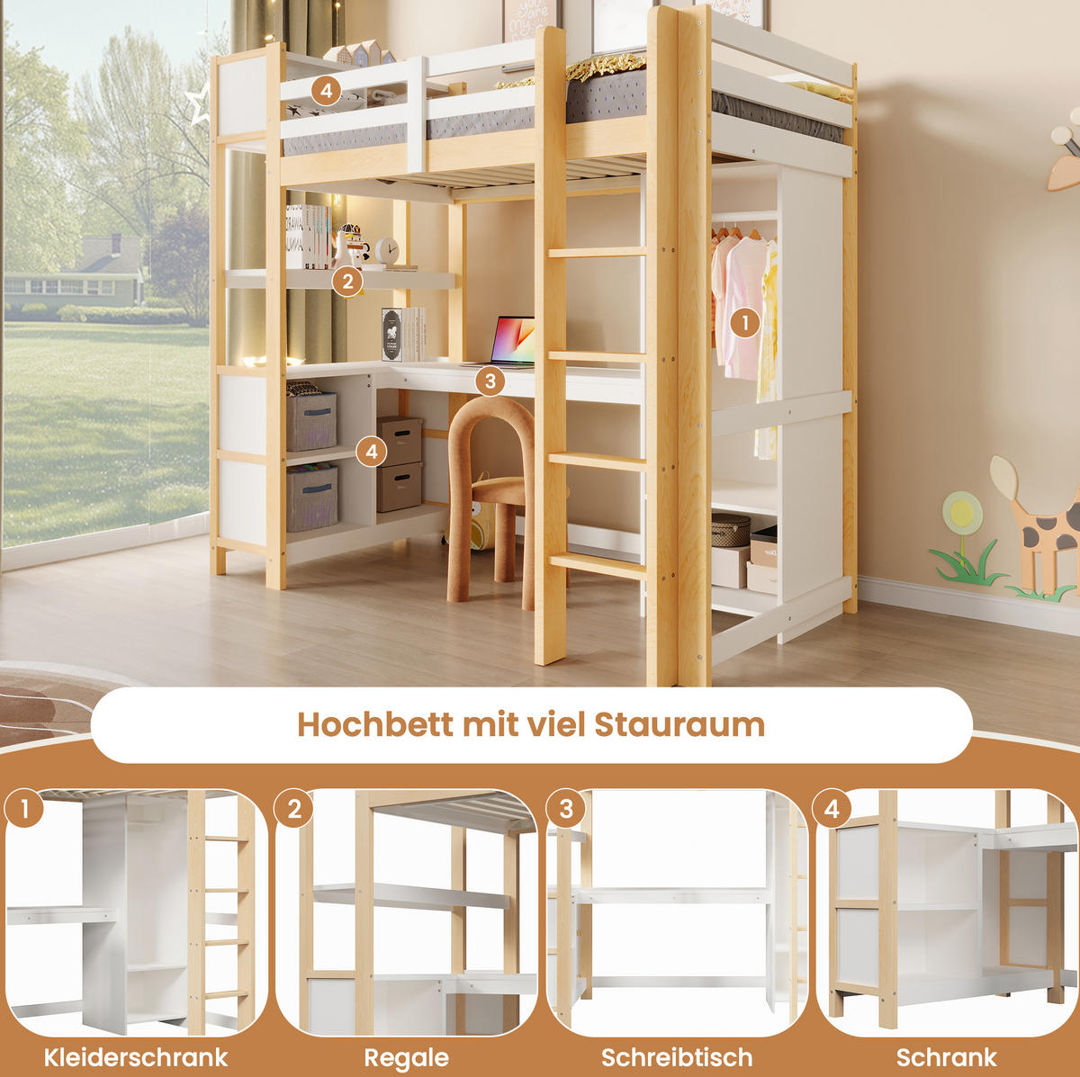 HOCHBETT 90x200 cm in Natur mit Schreibtisch, Regal und Kleiderschrank - Naturfarben, Holz (90/200cm) - IVMEU