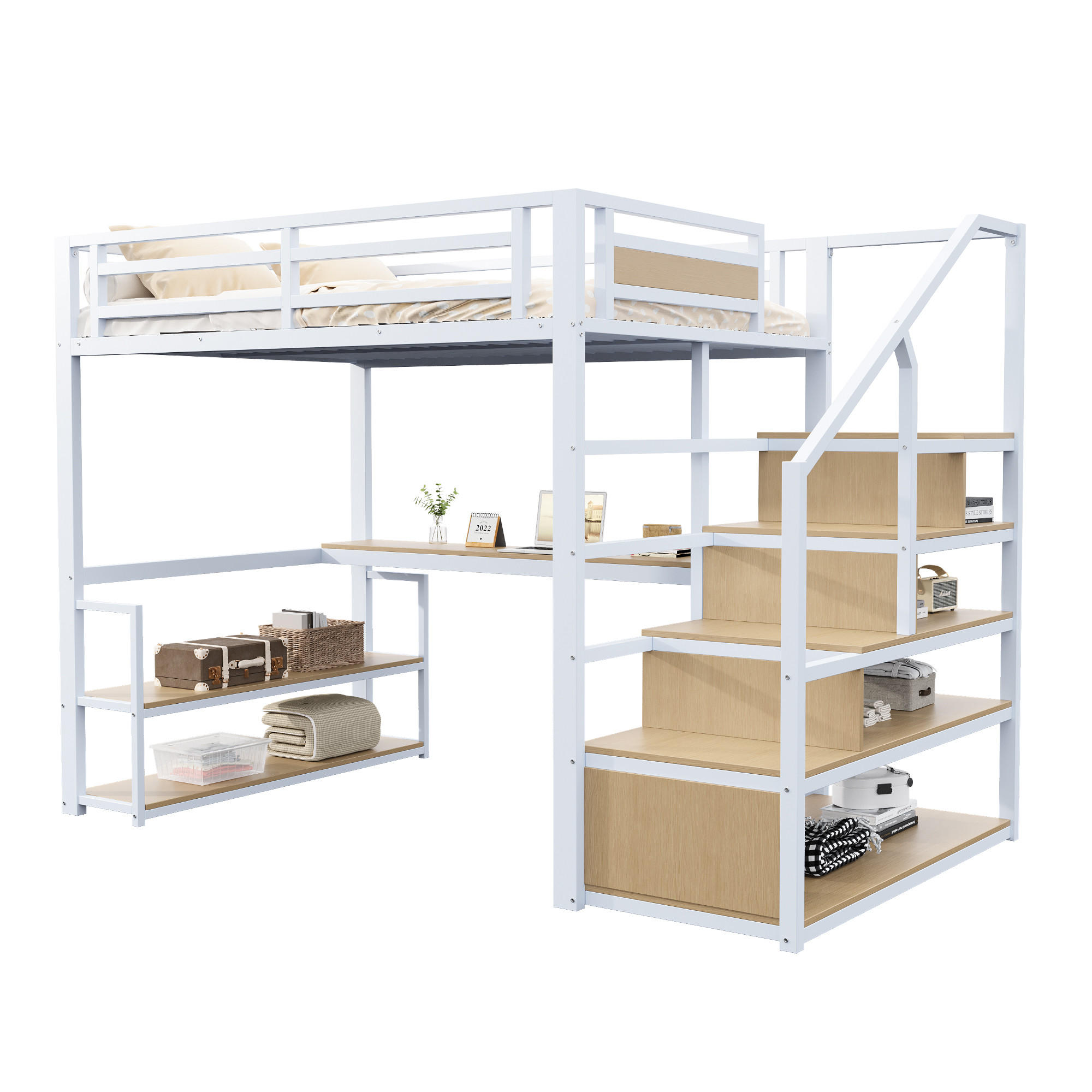 HOCHBETT 140/200 cm Weiß Metall mit Regalen und Tisch aus MDF - Weiß, Metall (140/200cm) - OKWISH