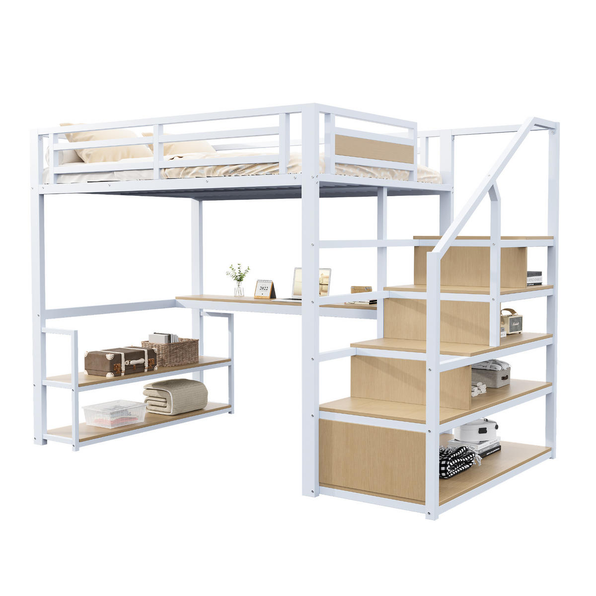 HOCHBETT 140/200 cm Weiß Metall mit Regalen und Tisch aus MDF - Weiß, Metall (140/200cm) - OKWISH