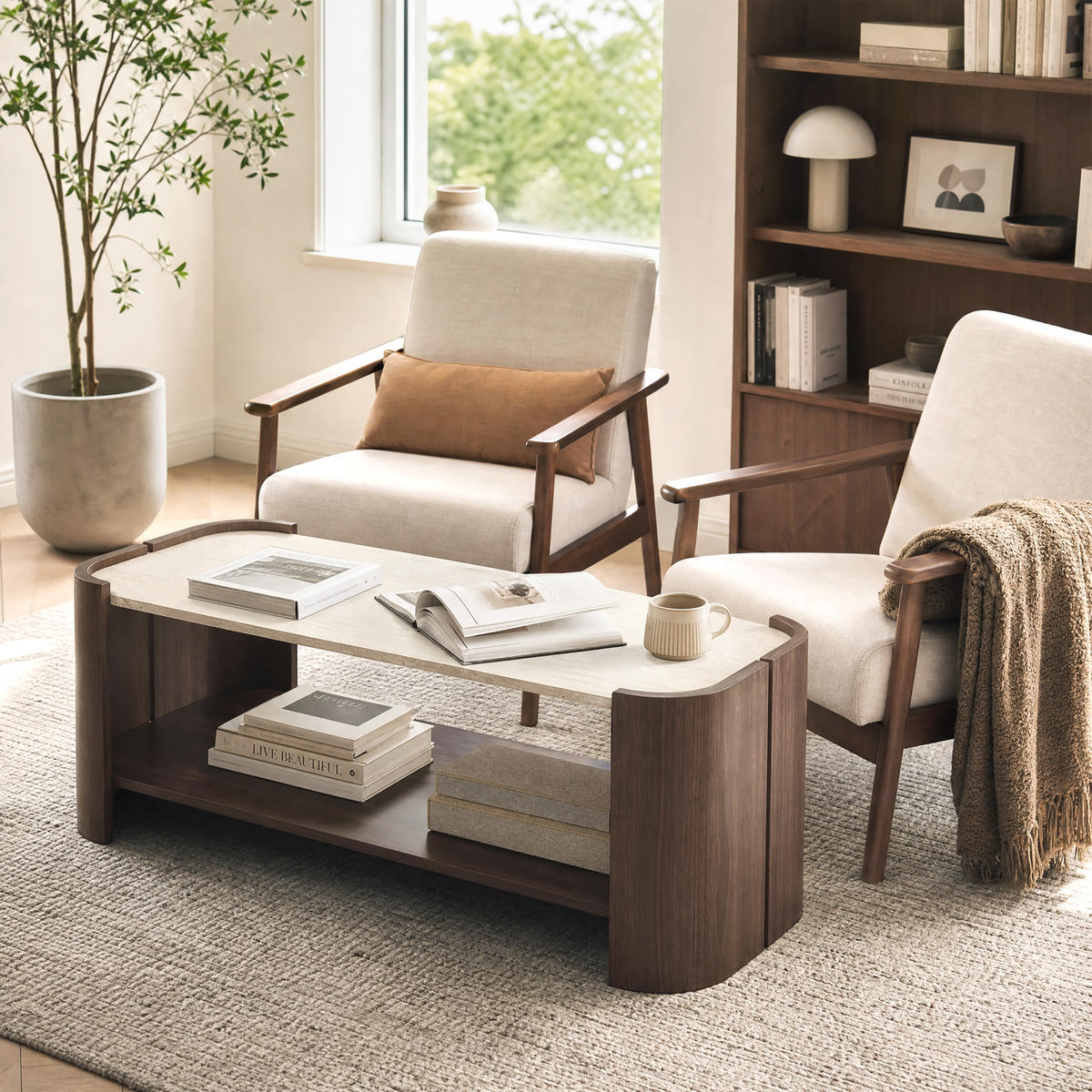 COUCHTISCH Holz Walnuss mit Travertin-Optik, 104 × 54 × 43 cm - Walnussfarben, Holzwerkstoff (54/104/43cm) - Hometopia