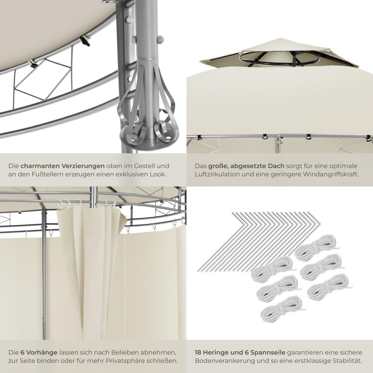 GARTENPAVILLON Siana,inklusive Spannseilen und Heringen,creme - Creme, Kunststoff (350/280/350cm) - tectake