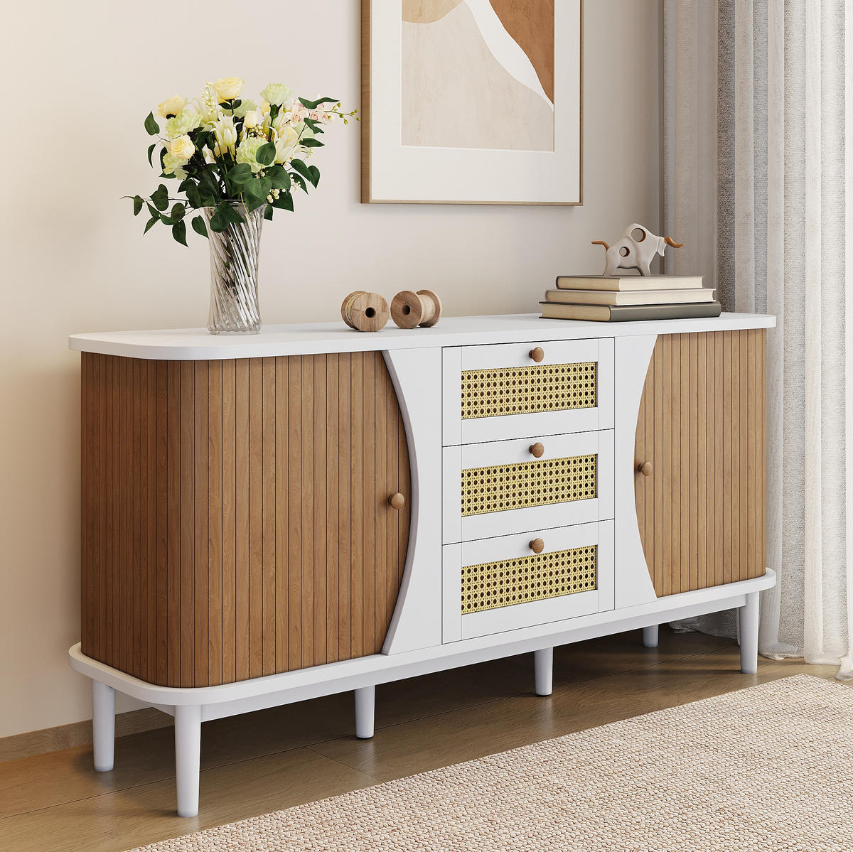 SIDEBOARD aus MDF und Spanplatte 140,5x40x76 cm Weiß-Holzfarben mit Rattanschubladen - Weiß, Holzwerkstoff (140.5/76/40cm) - IVMEU
