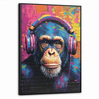 LEINWAND Bilder mit Rahmen - Graffiti - Schimpanse - Straßenkunst - Kopfhörer - Affe - 60x80 - Blau, Textil (60/80cm) - MuchoWow