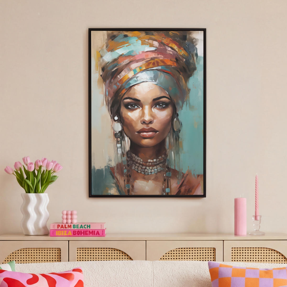 LEINWAND Bilder mit Rahmen - Frau - Kunst - Schmuck - Porträt - 60x90 - Blaugrau, Textil (60/90cm) - MuchoWow