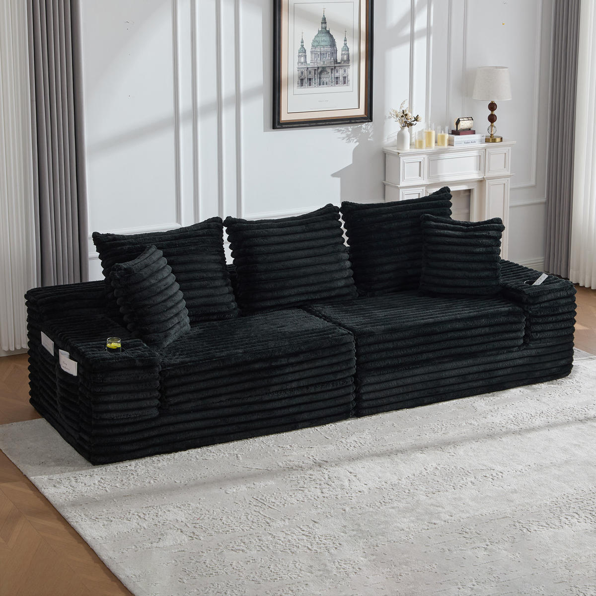 SCHLAFSOFA aus Cord mit Getränkehaltern und Kissen, Schwarz - Schwarz, Textil (107.48/34.25/38.58cm)